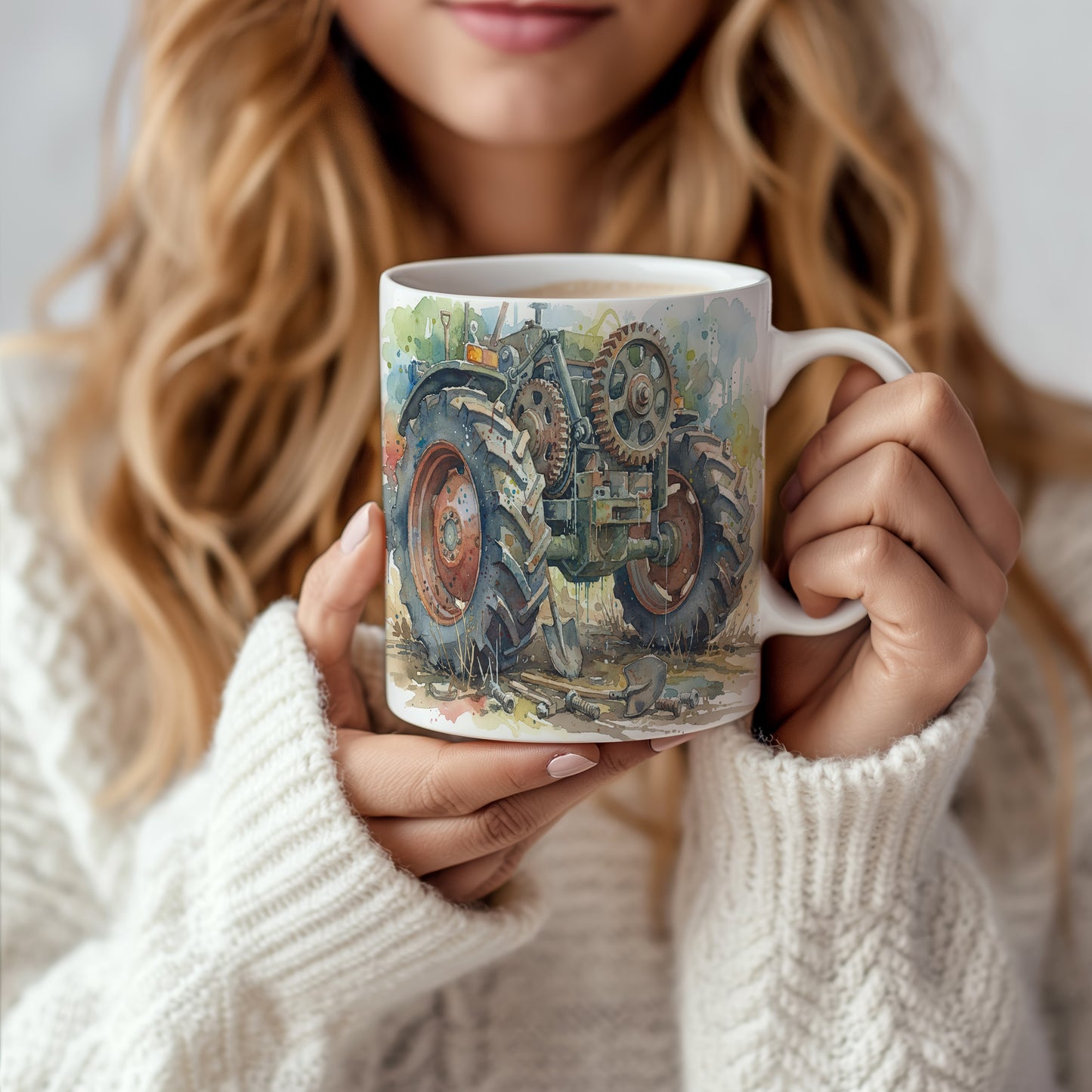 Hrnek s traktorem mezi nářadím