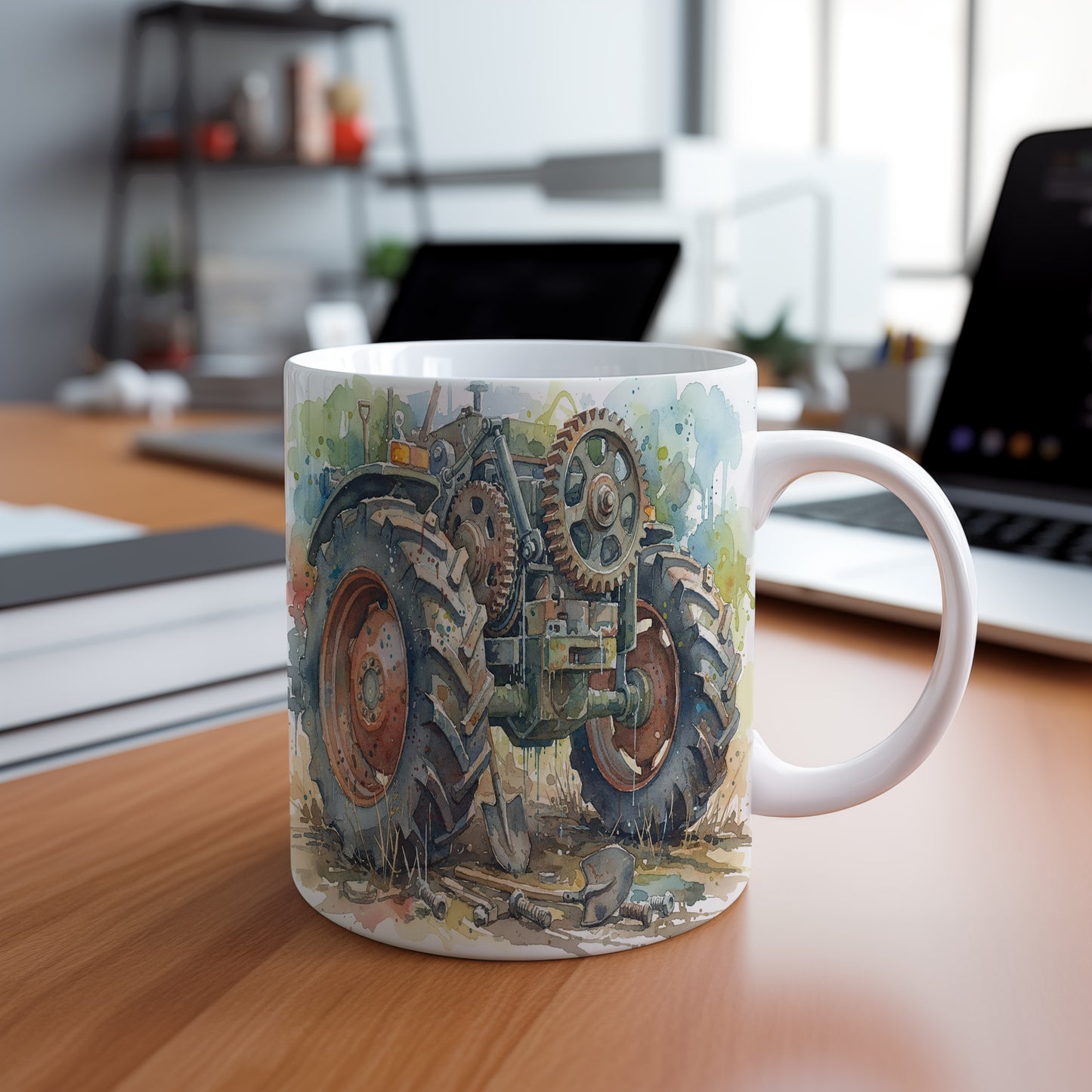 Hrnek s traktorem mezi nářadím