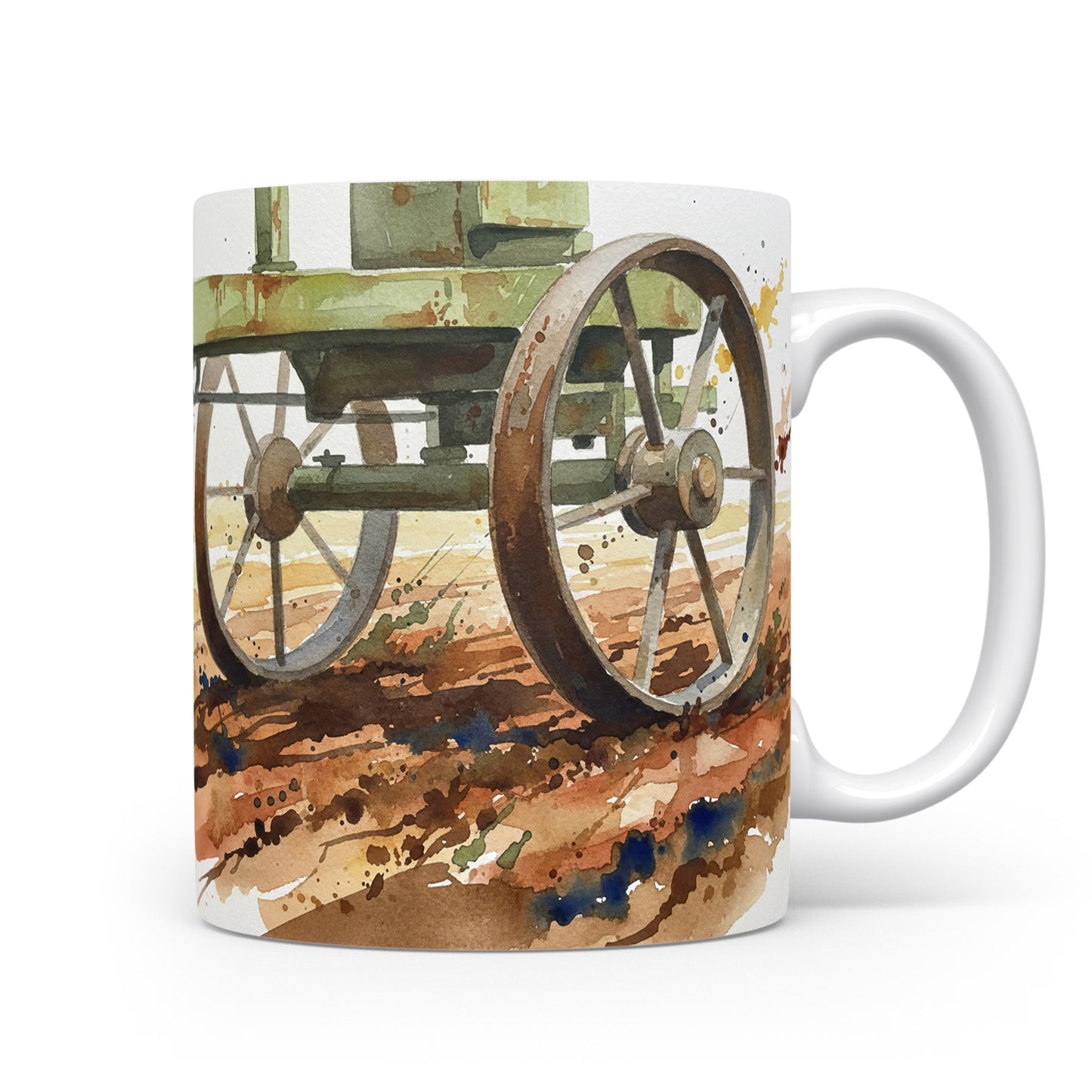 Hrnek s historickým vozem na polní cestě