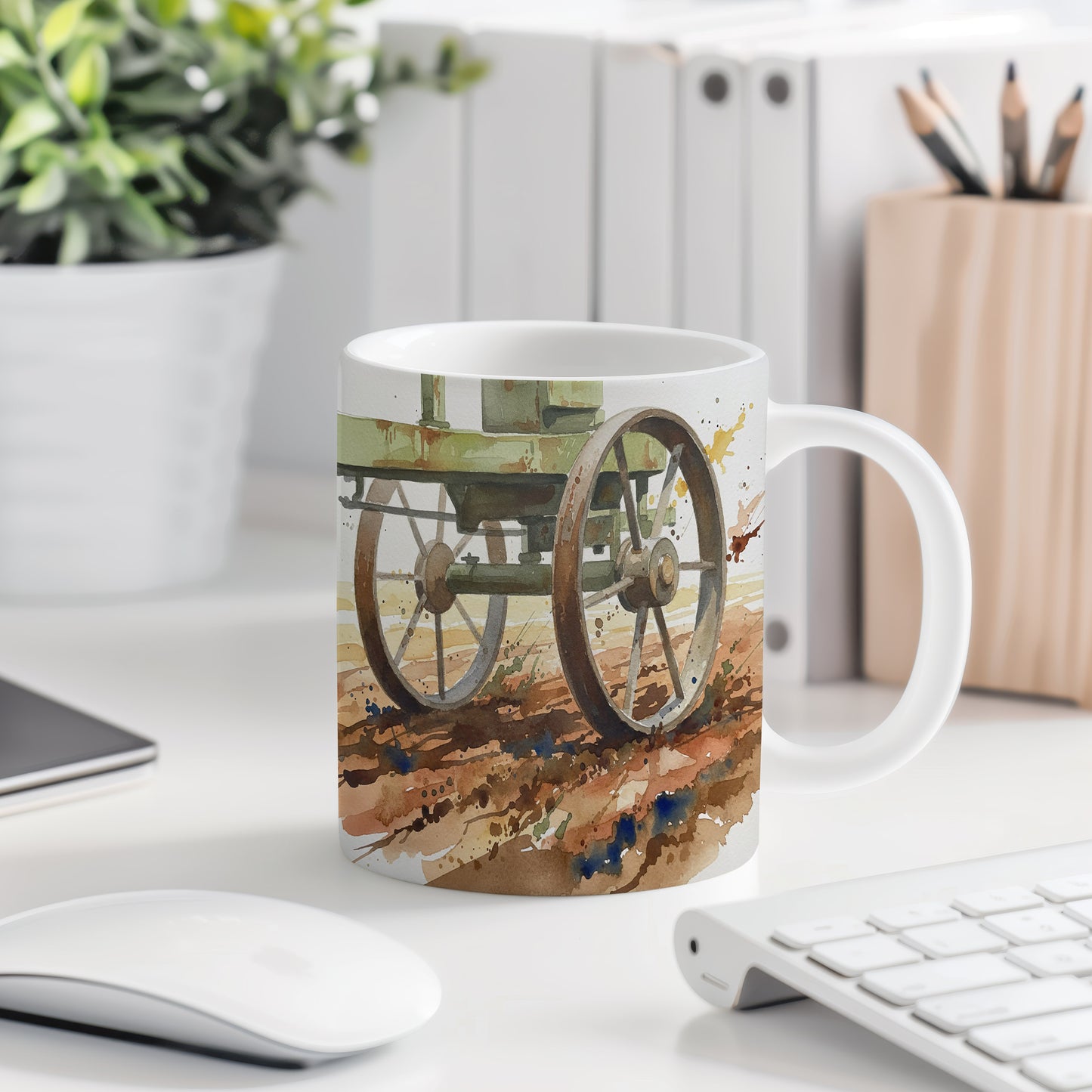 Hrnek s historickým vozem na polní cestě