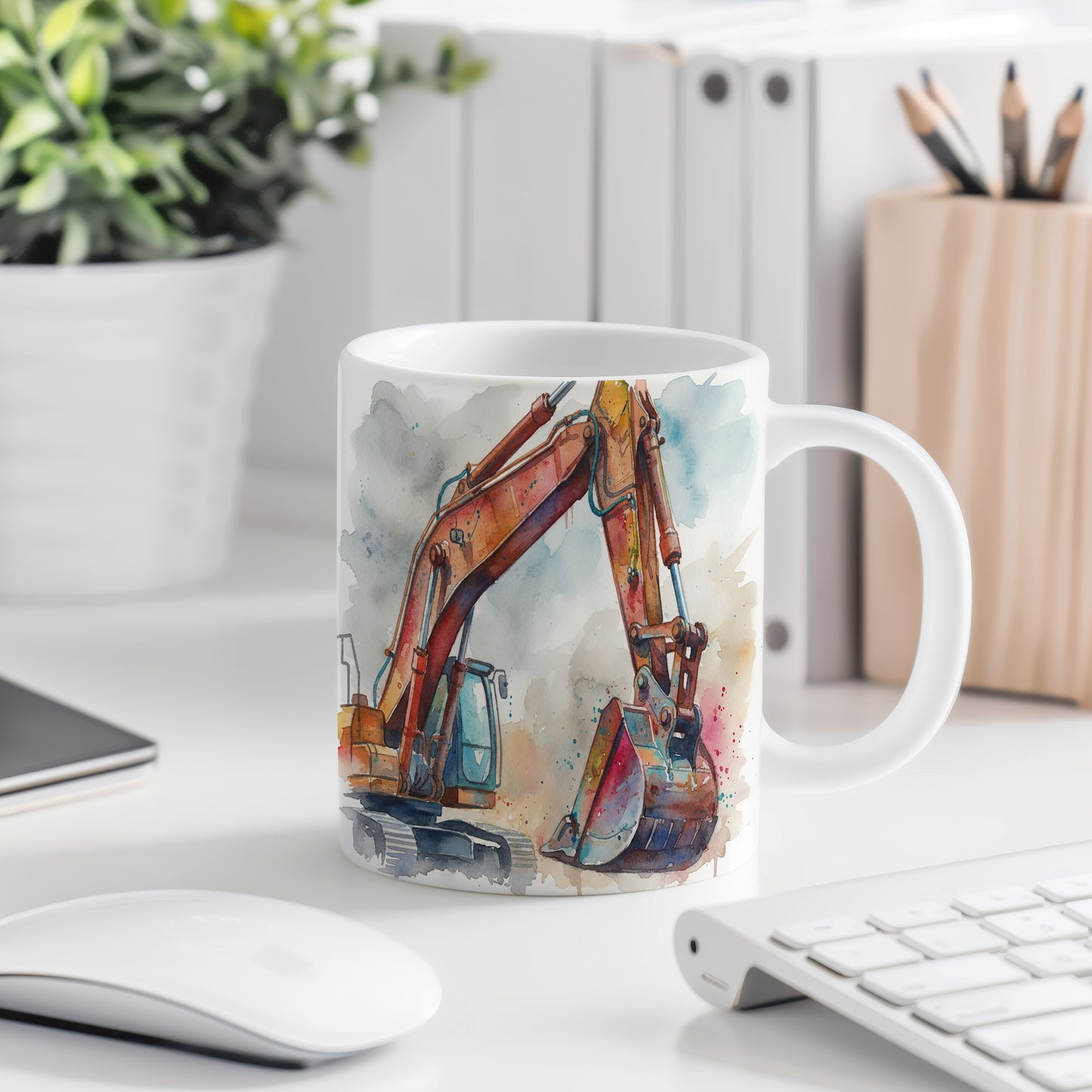 Hrnek s bagrem v dešti