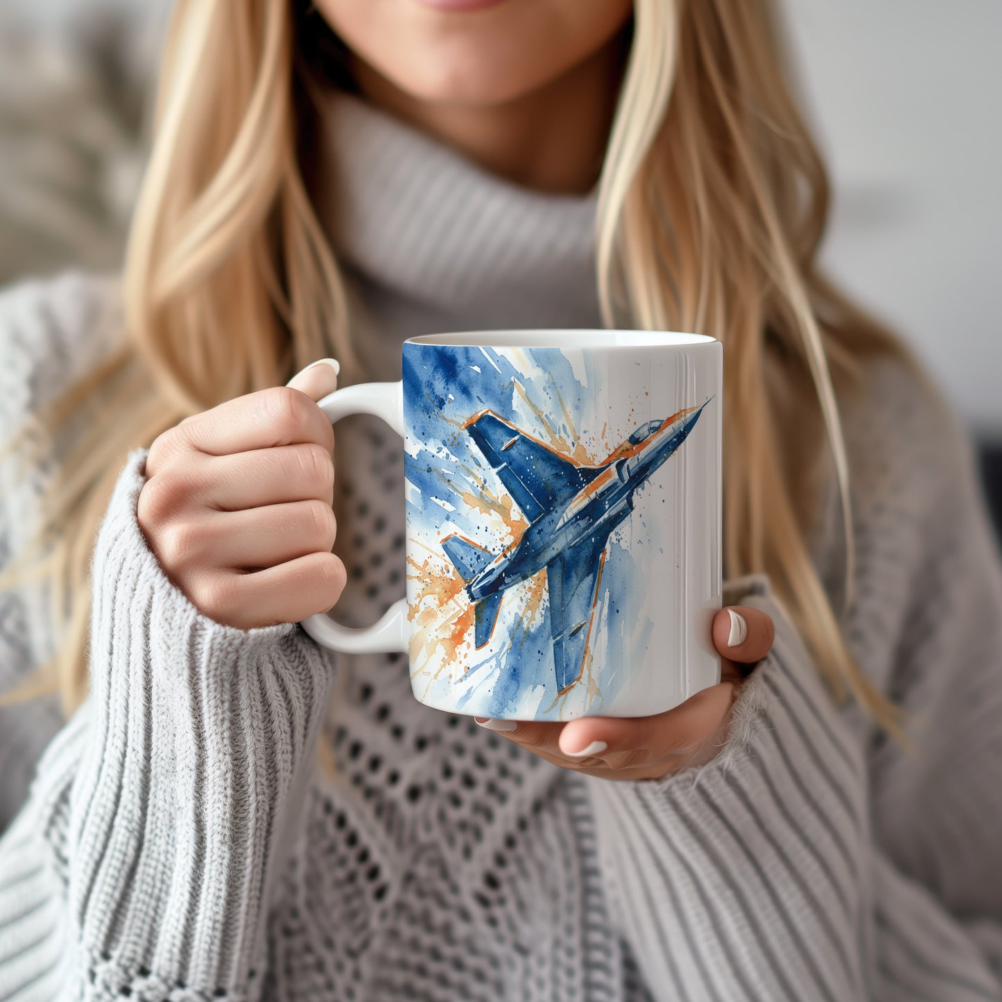 Hrnek s proudovým letadlem v modrých tónech