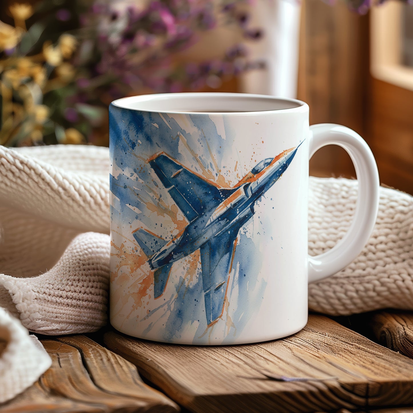 Hrnek s proudovým letadlem v modrých tónech