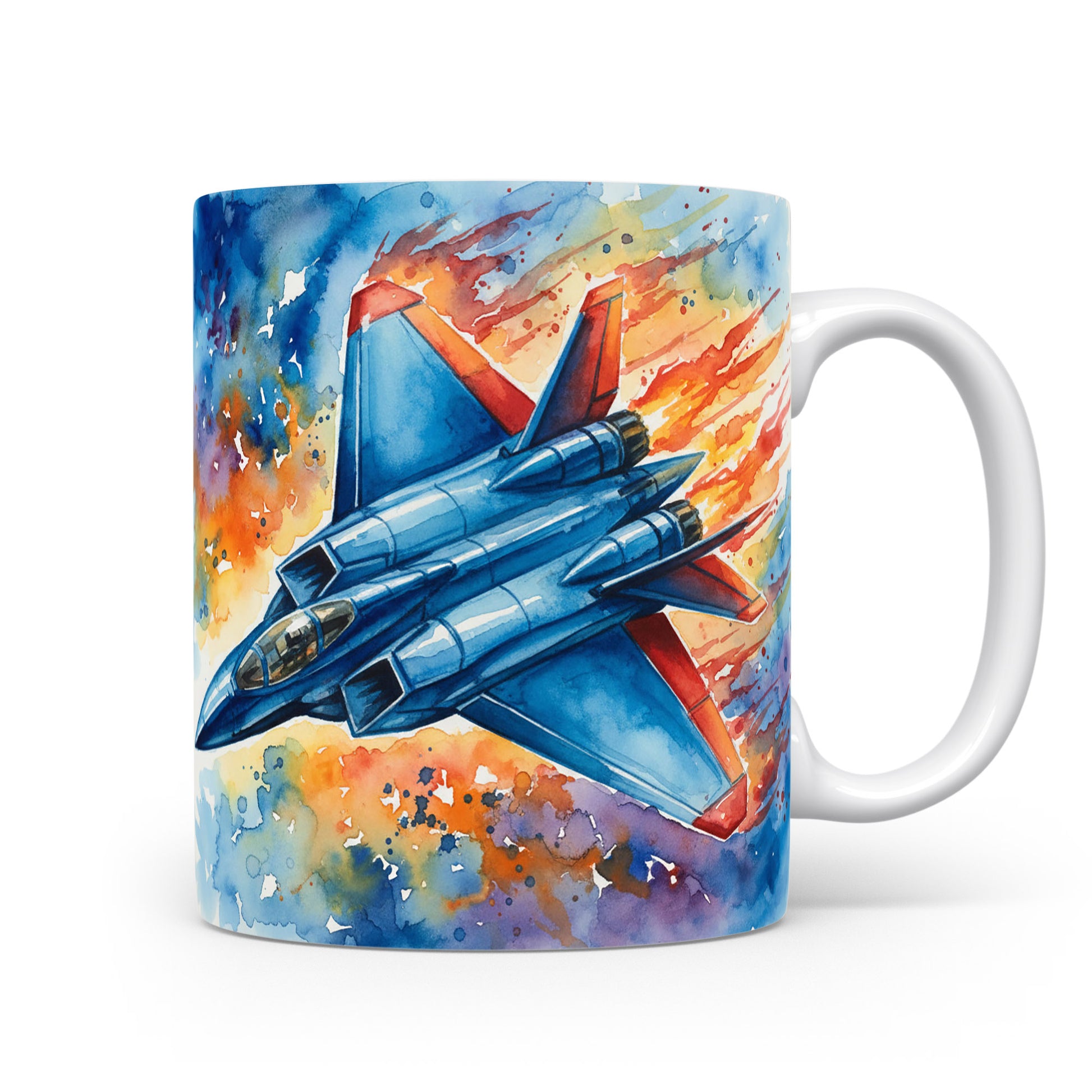 Akvarelový bojový stíhač v plamenech na hrnku