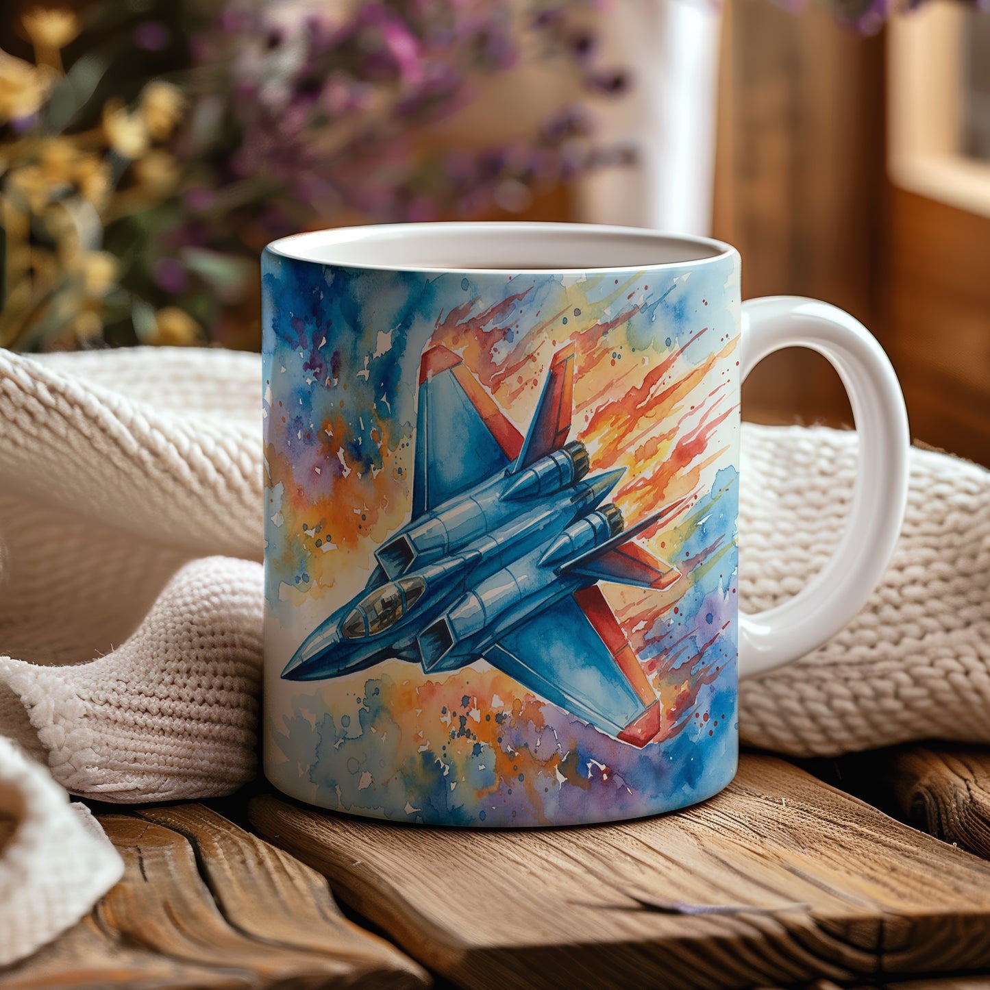 Hrnek s bojovým stíhačem v plamenech