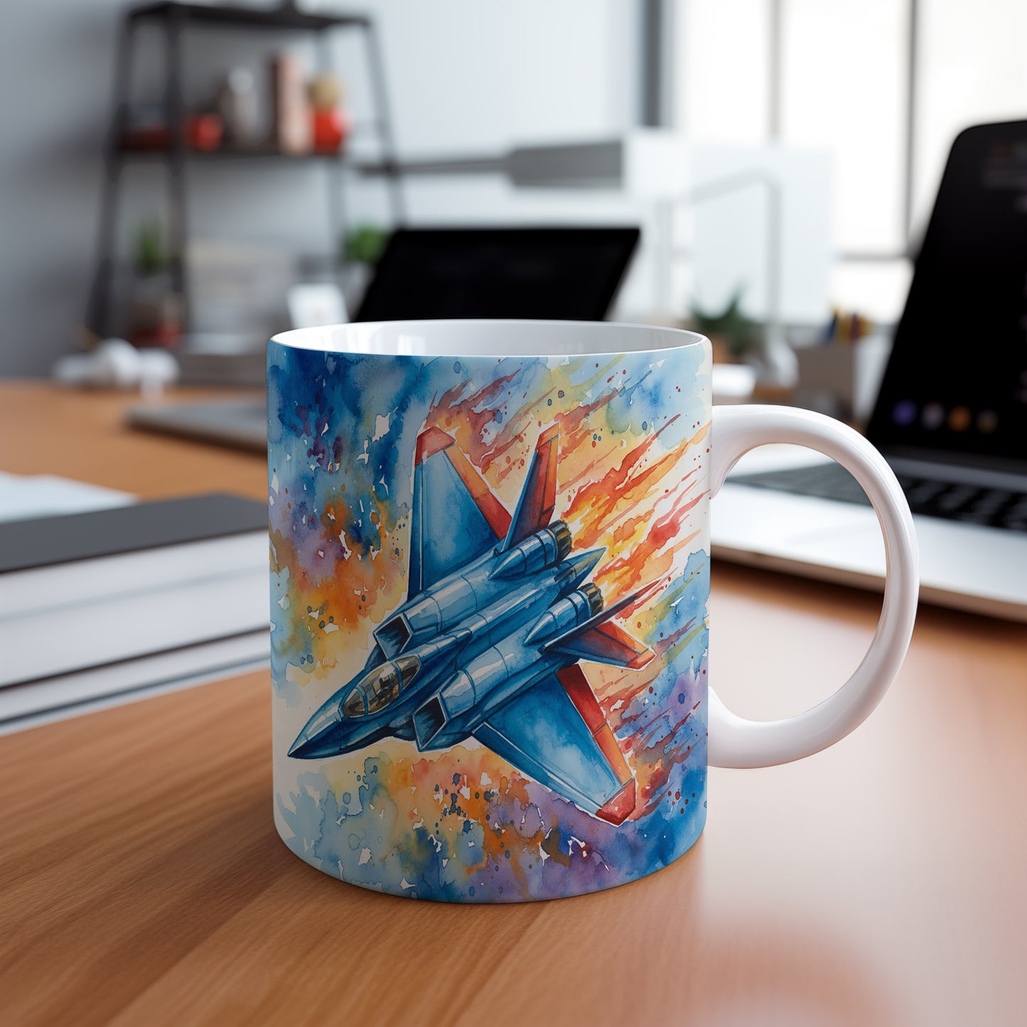 Hrnek s bojovým stíhačem v plamenech