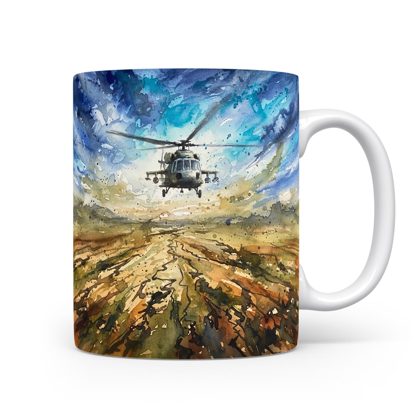 Vrtulník letící nad savanou na hrnku