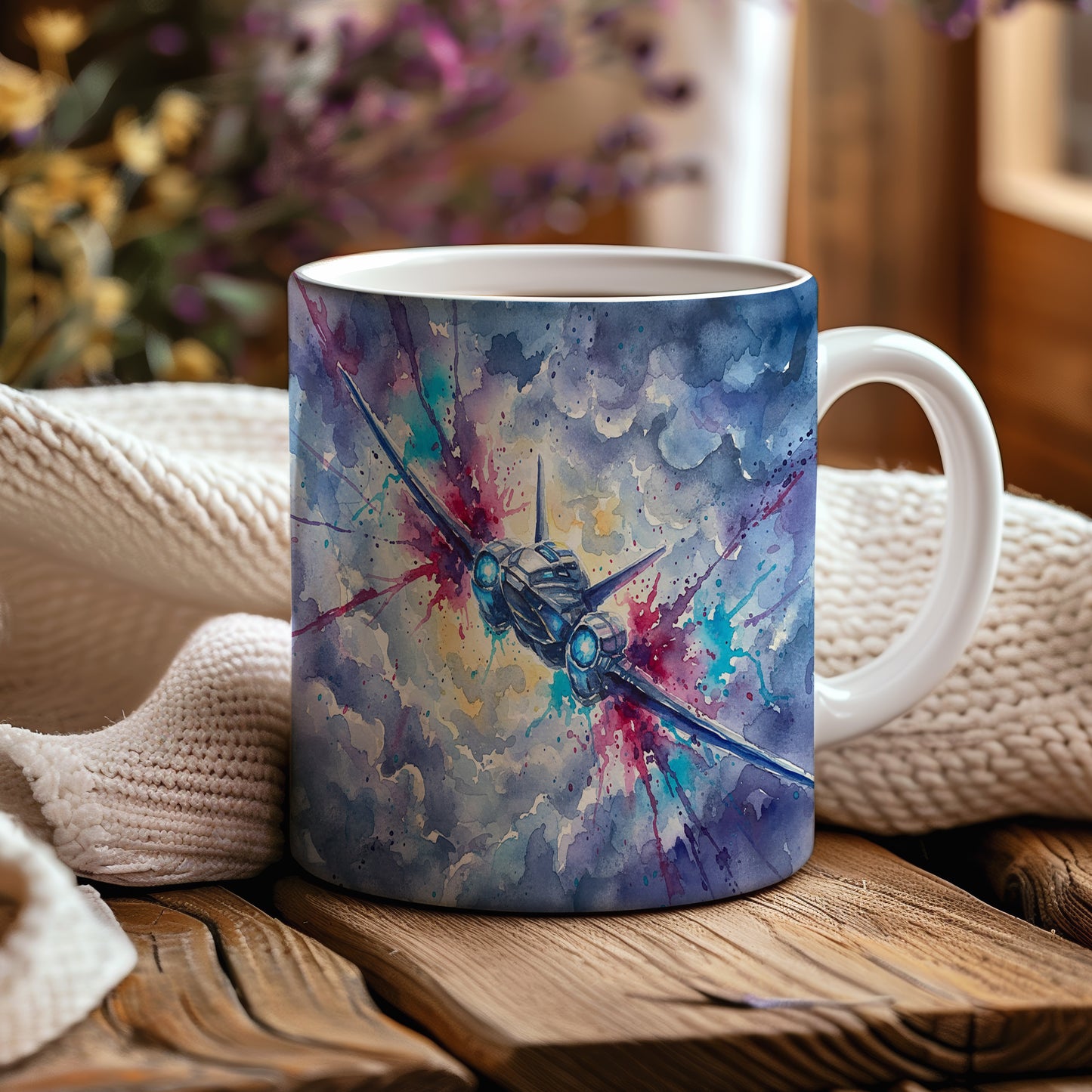 Hrnek s letounem v bouřlivém nebi