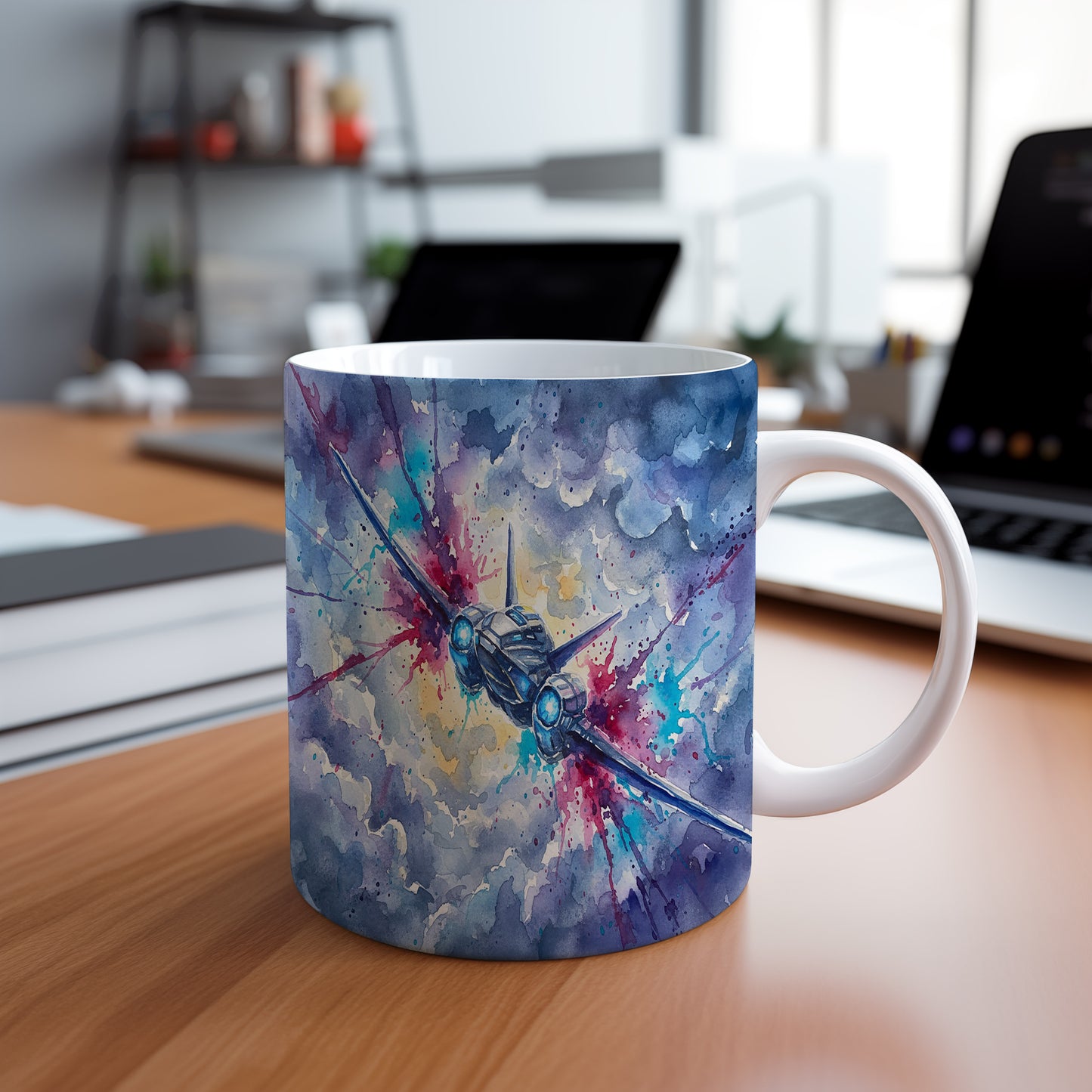 Hrnek s letounem v bouřlivém nebi