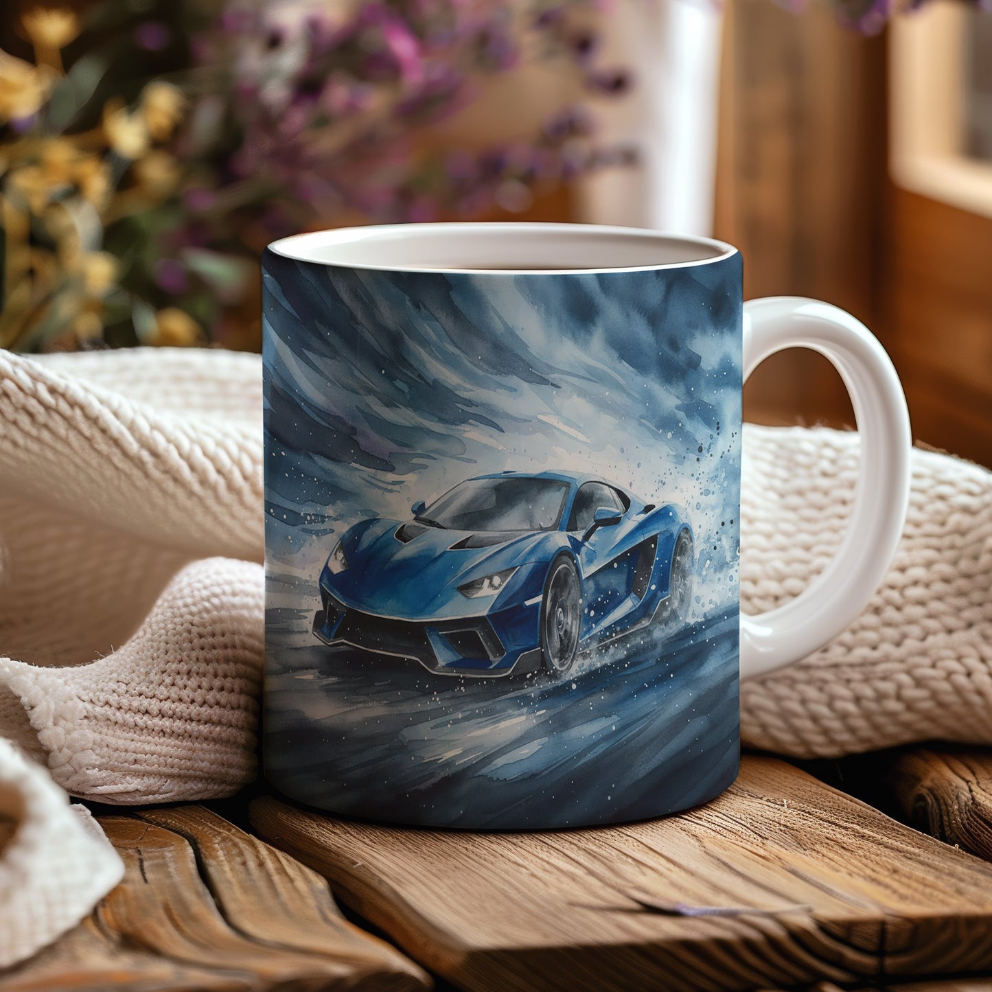 Hrnek s modrým sporťákem v bouři