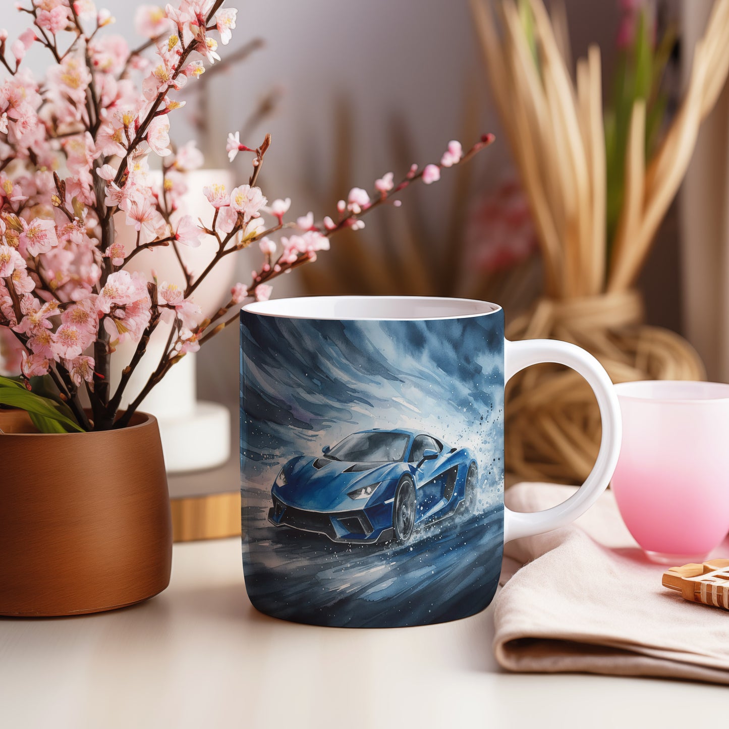 Hrnek s modrým sporťákem v bouři