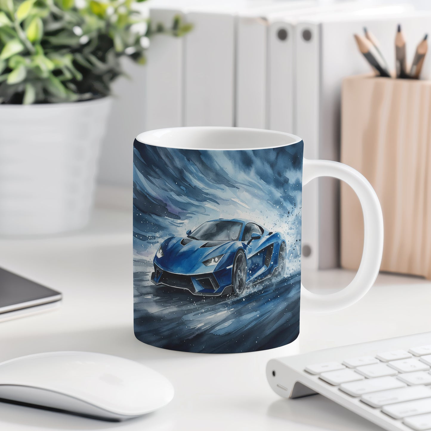 Hrnek s modrým sporťákem v bouři