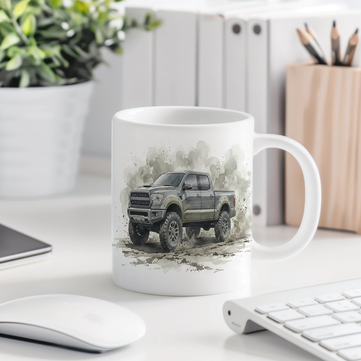 Hrnek s terénním vozem v akci