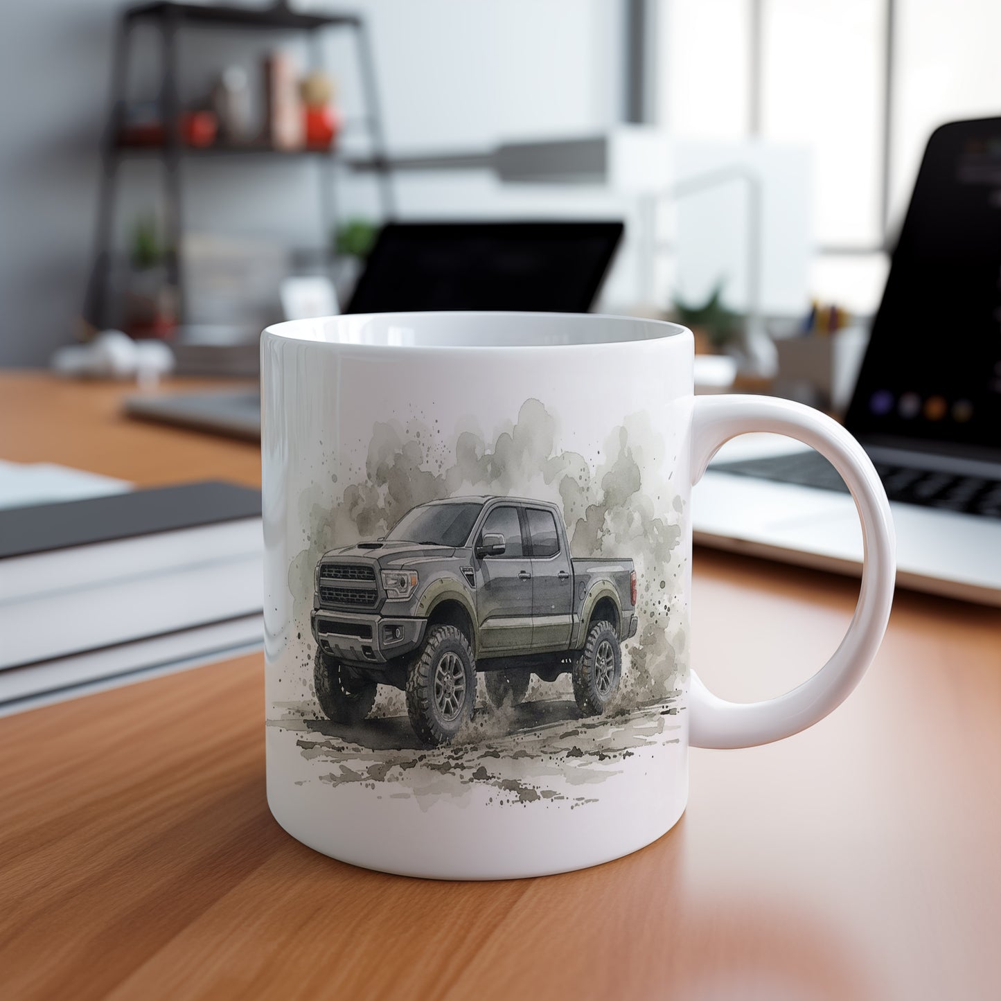 Hrnek s terénním vozem v akci