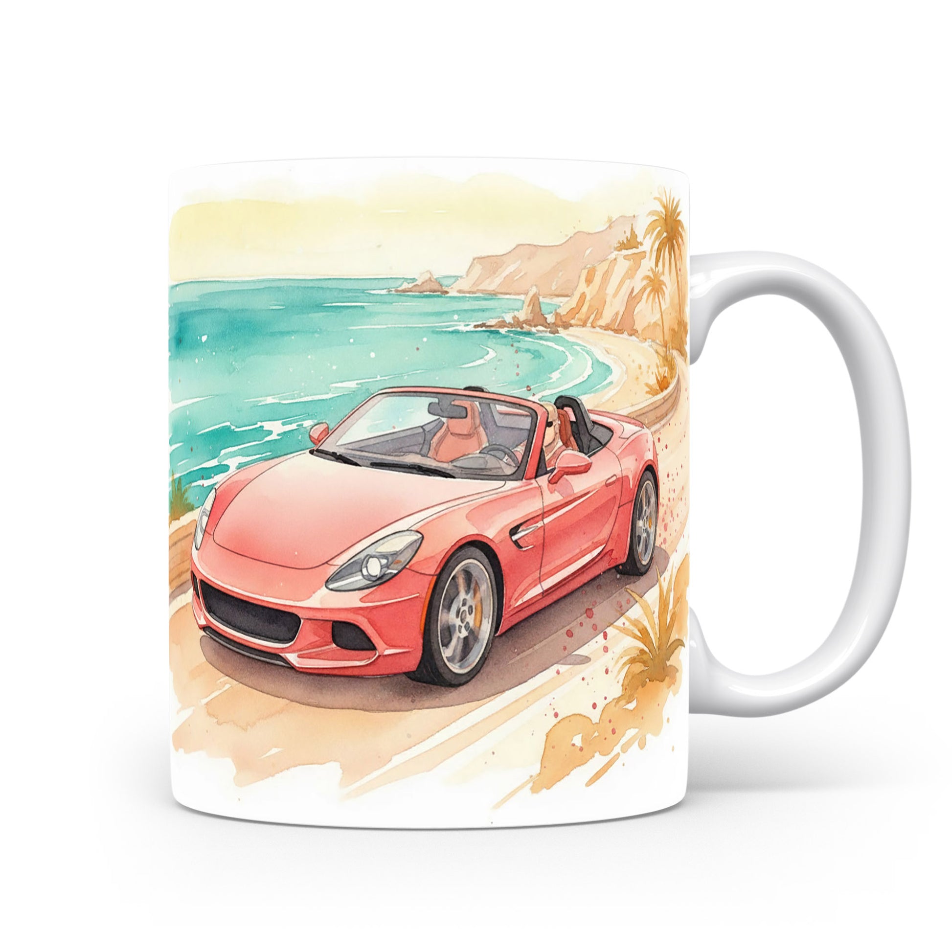 Hrnek s kabrioletem u mořského pobřeží