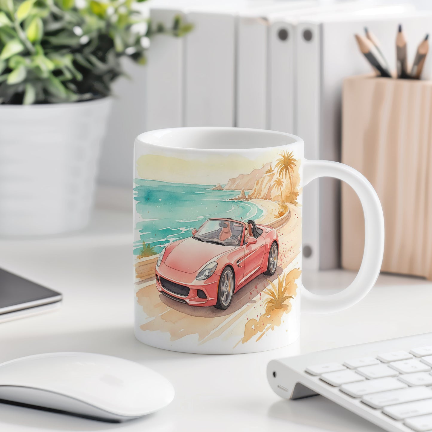 Hrnek s kabrioletem u mořského pobřeží