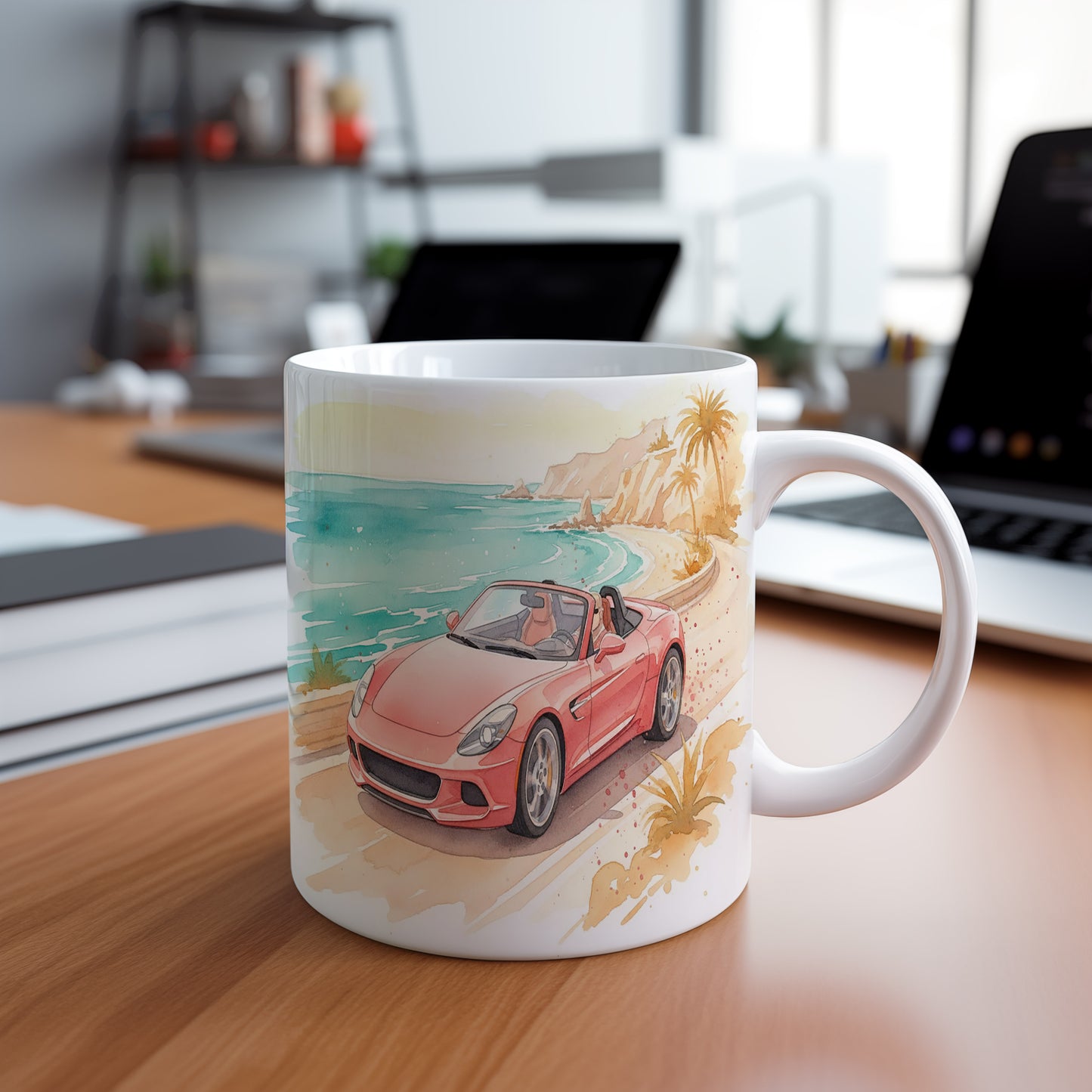 Hrnek s kabrioletem u mořského pobřeží