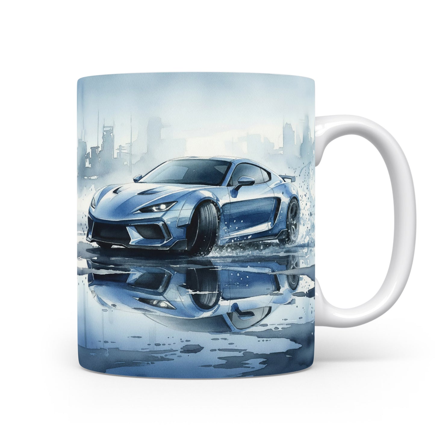 Hrnek s modrým kabrioletem v dešti