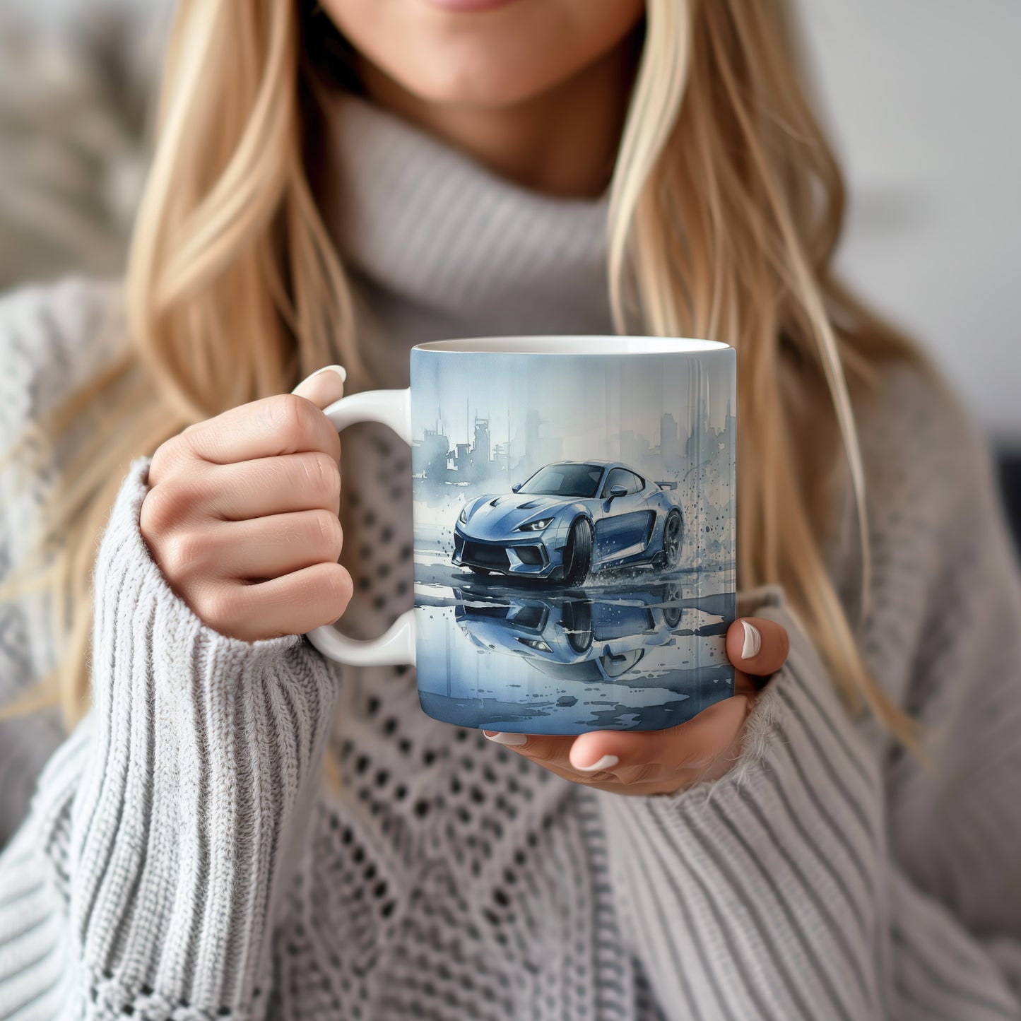 Hrnek s kabrioletem v dešti