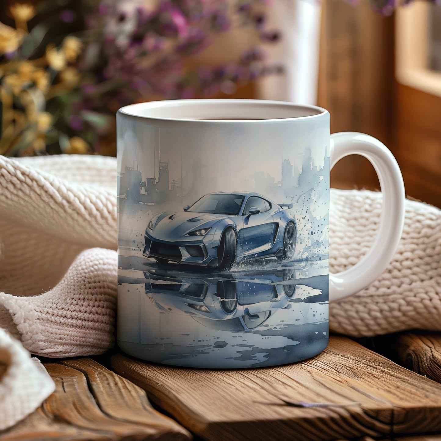 Hrnek s kabrioletem v dešti