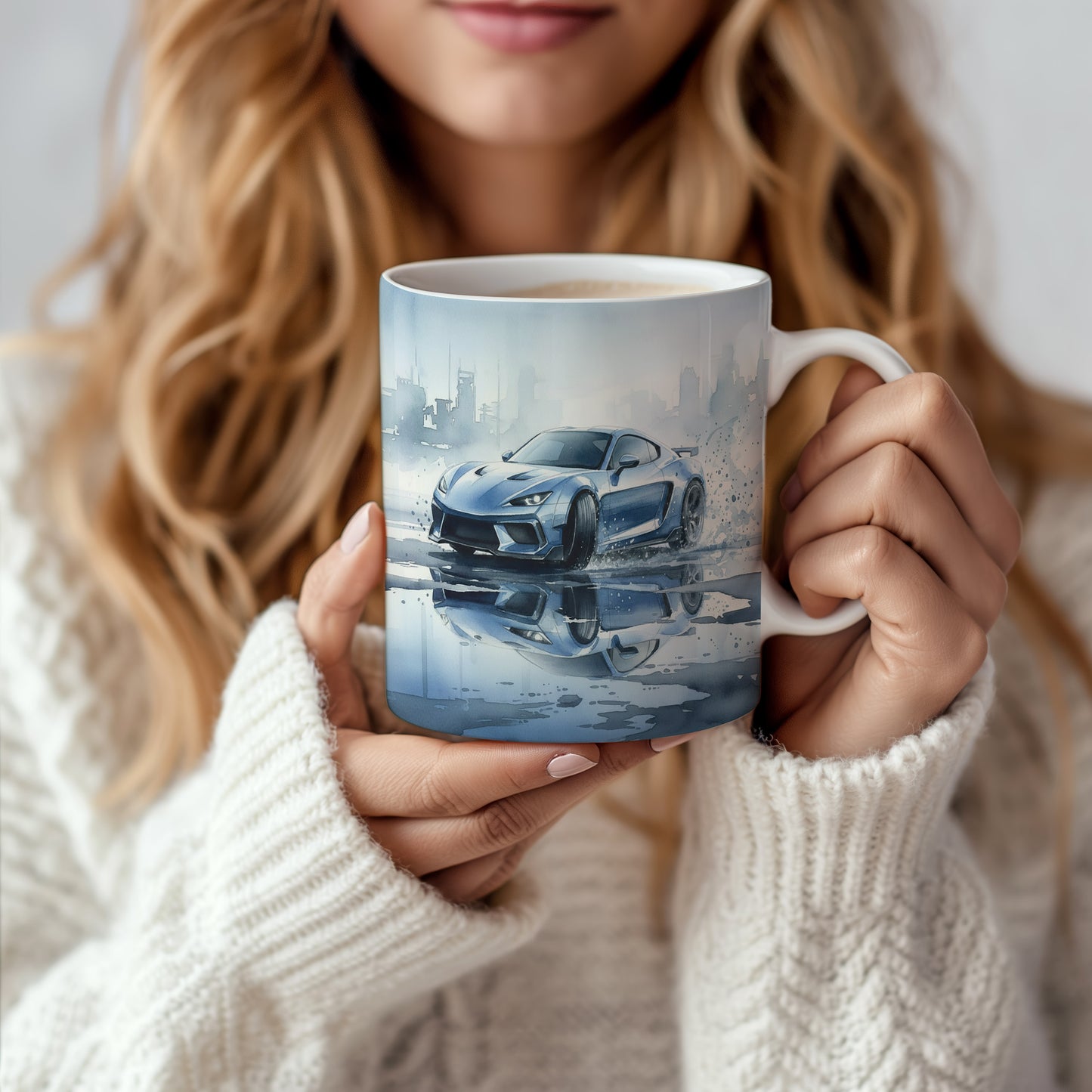 Hrnek s kabrioletem v dešti