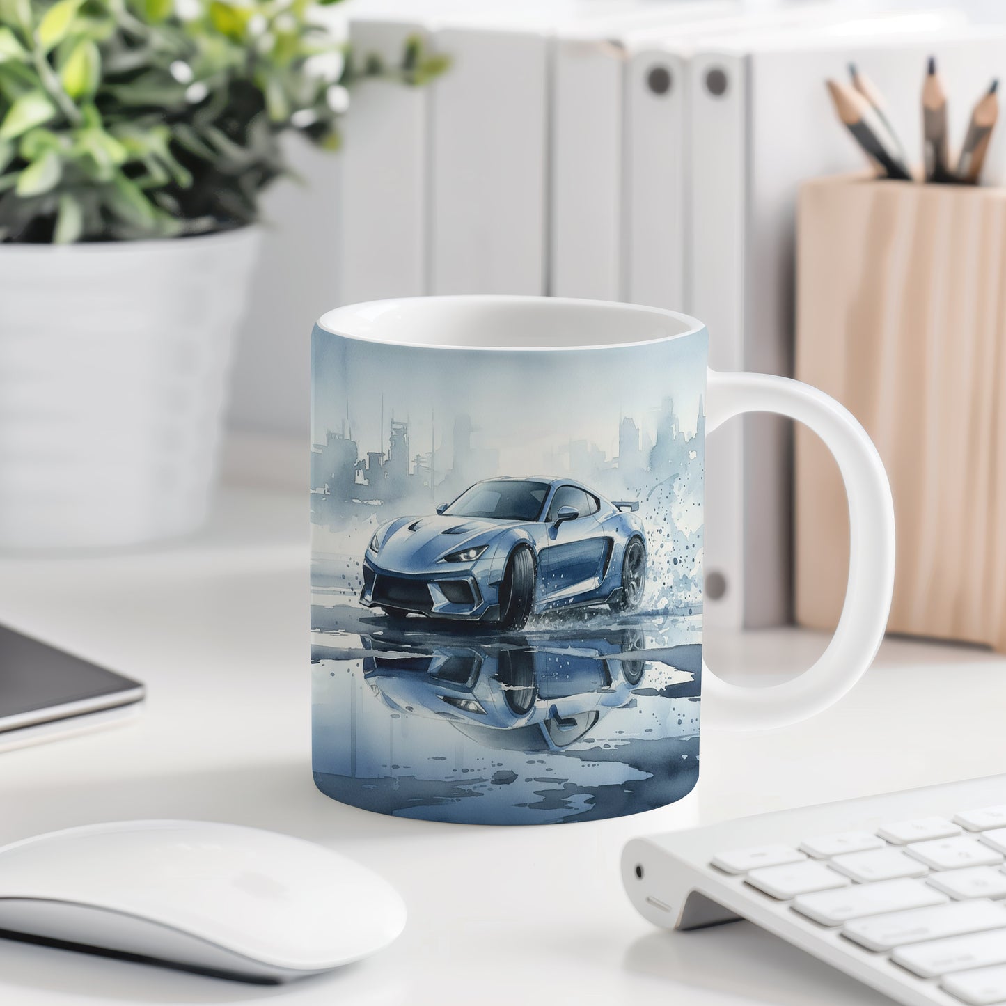 Hrnek s kabrioletem v dešti