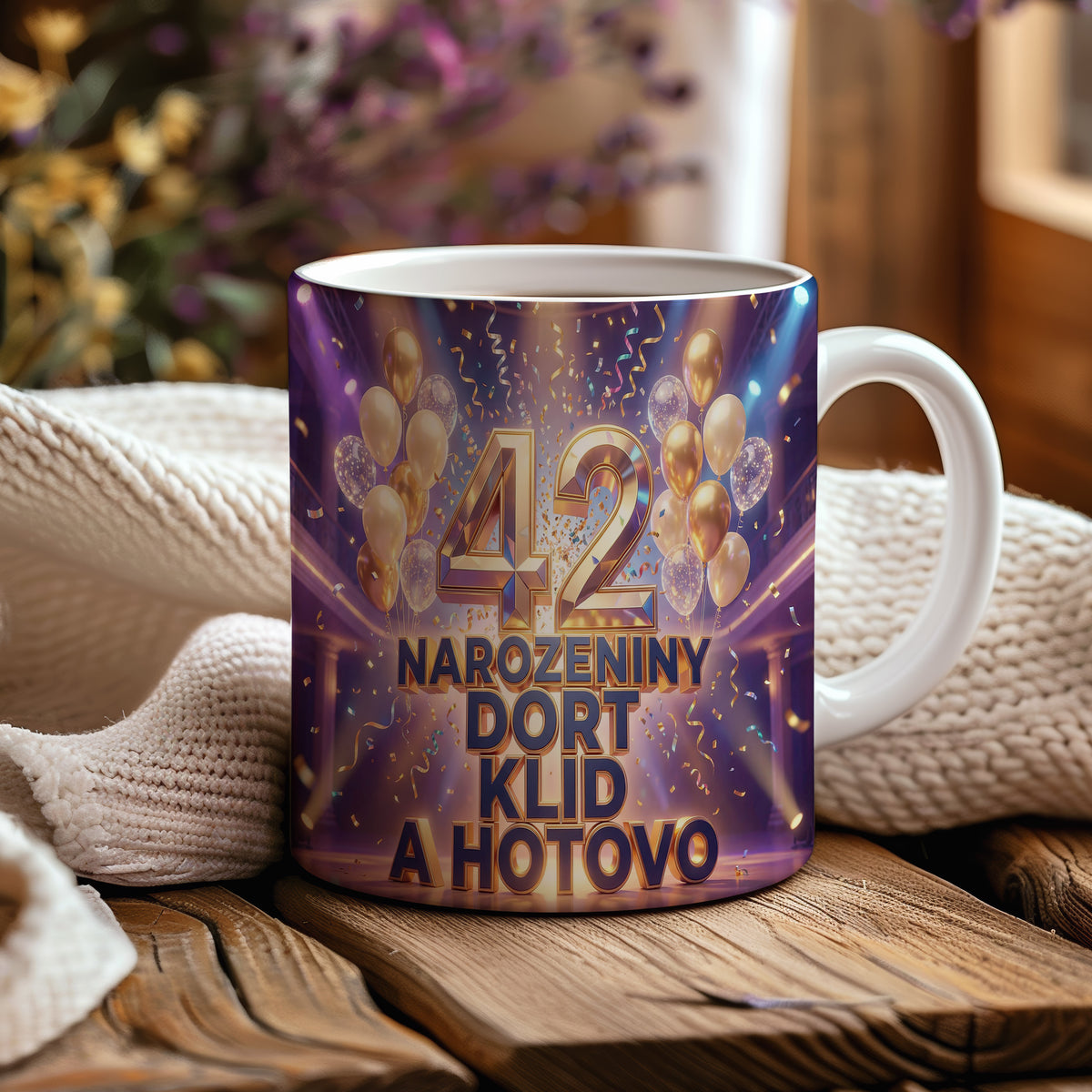 Narozeninový hrnek 42 let – NAROZENINY DORT KLID A HOTOVO