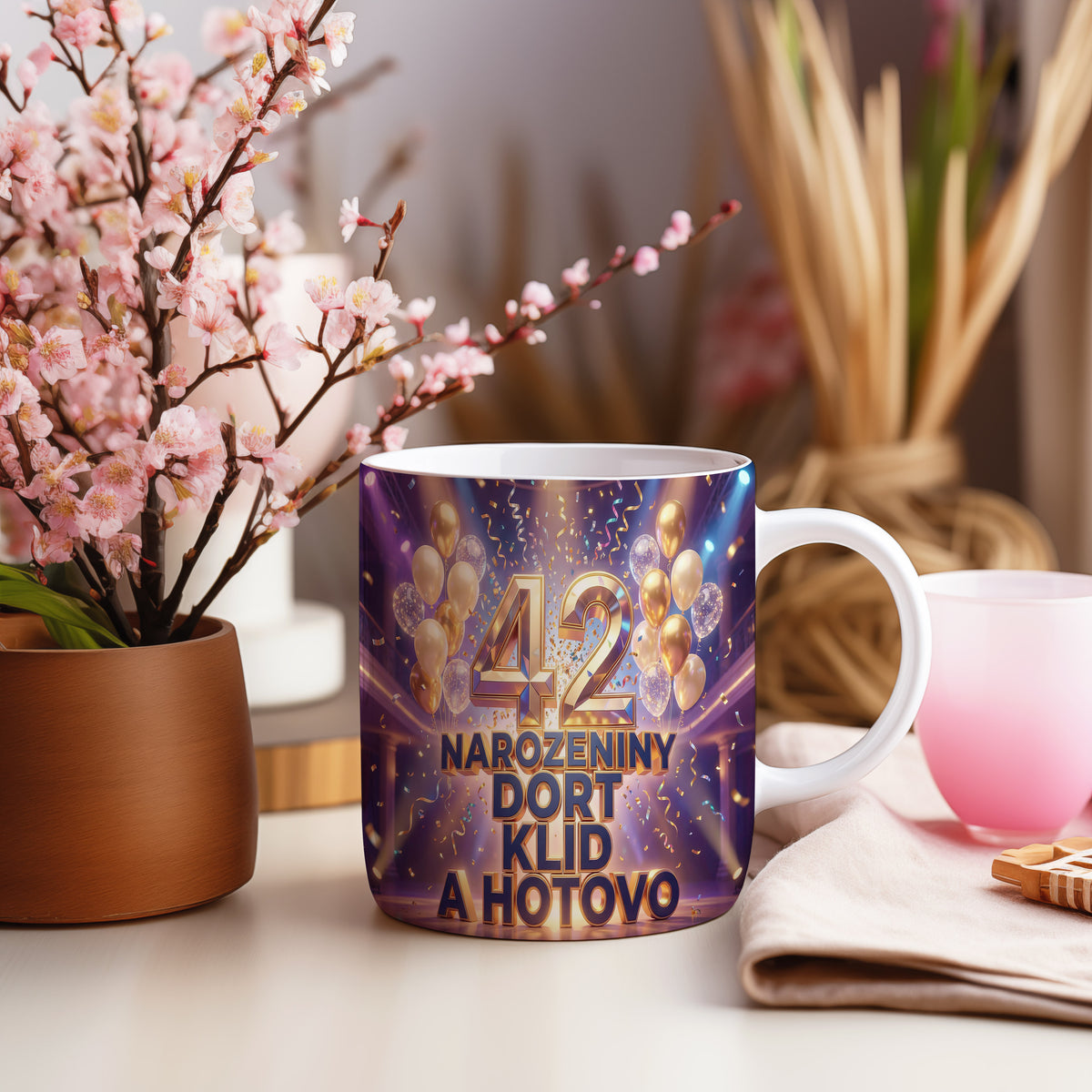 Narozeninový hrnek 42 let – NAROZENINY DORT KLID A HOTOVO