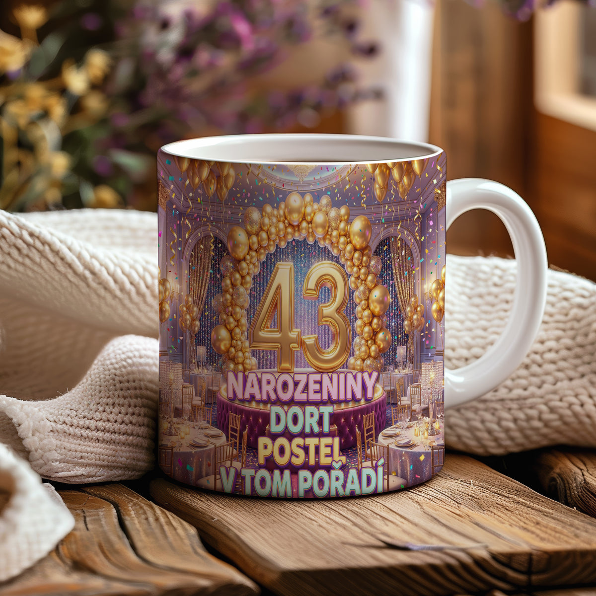 Narozeninový hrnek 43 let – NAROZENINY DORT POSTEL V TOM POŘADÍ