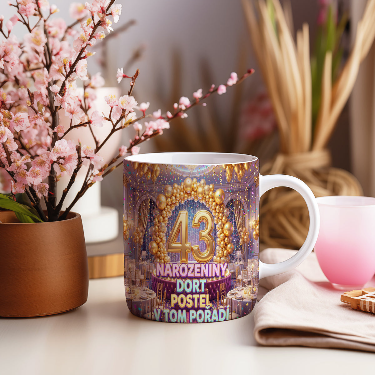 Narozeninový hrnek 43 let – NAROZENINY DORT POSTEL V TOM POŘADÍ