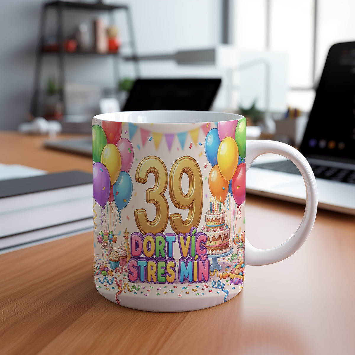 Narozeninový hrnek 39 let – DORT VÍC STRES MÍŇ