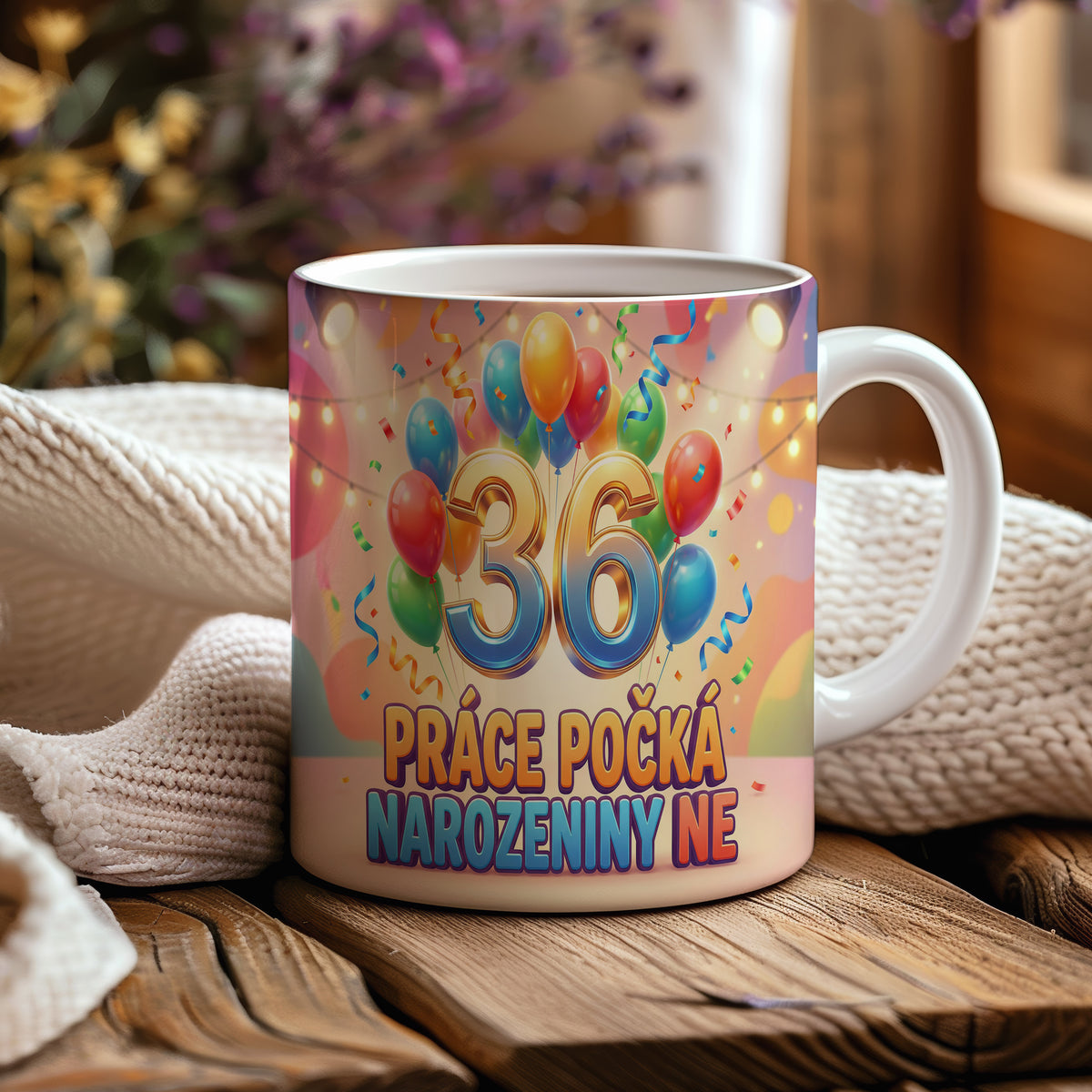 Narozeninový hrnek 36 let – PRÁCE POČKÁ, NAROZENINY NE