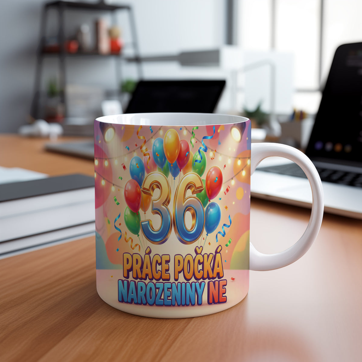 Narozeninový hrnek 36 let – PRÁCE POČKÁ, NAROZENINY NE