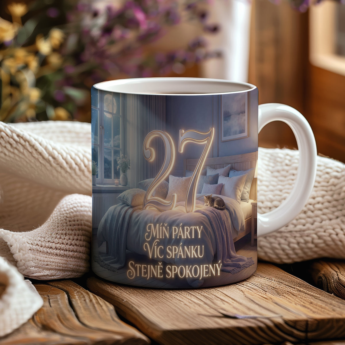 Narozeninový hrnek 27 let – MÍŇ PÁRTY VÍC SPÁNKU STEJNĚ SPOKOJENÝ