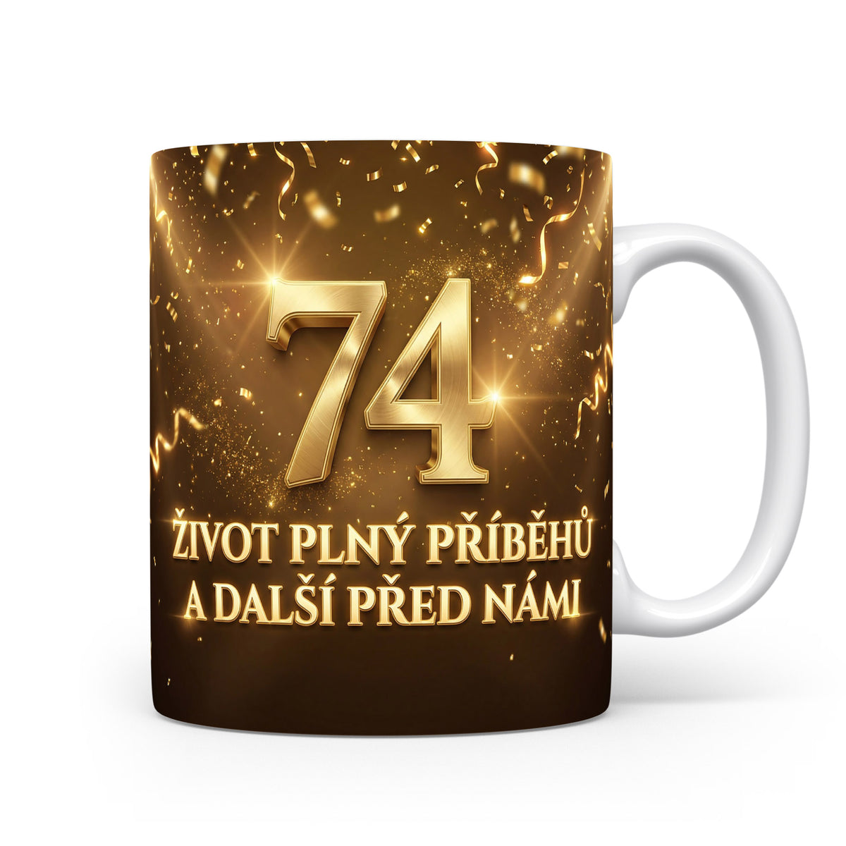 Hnědý hrnek s číslem 74 a nápisem