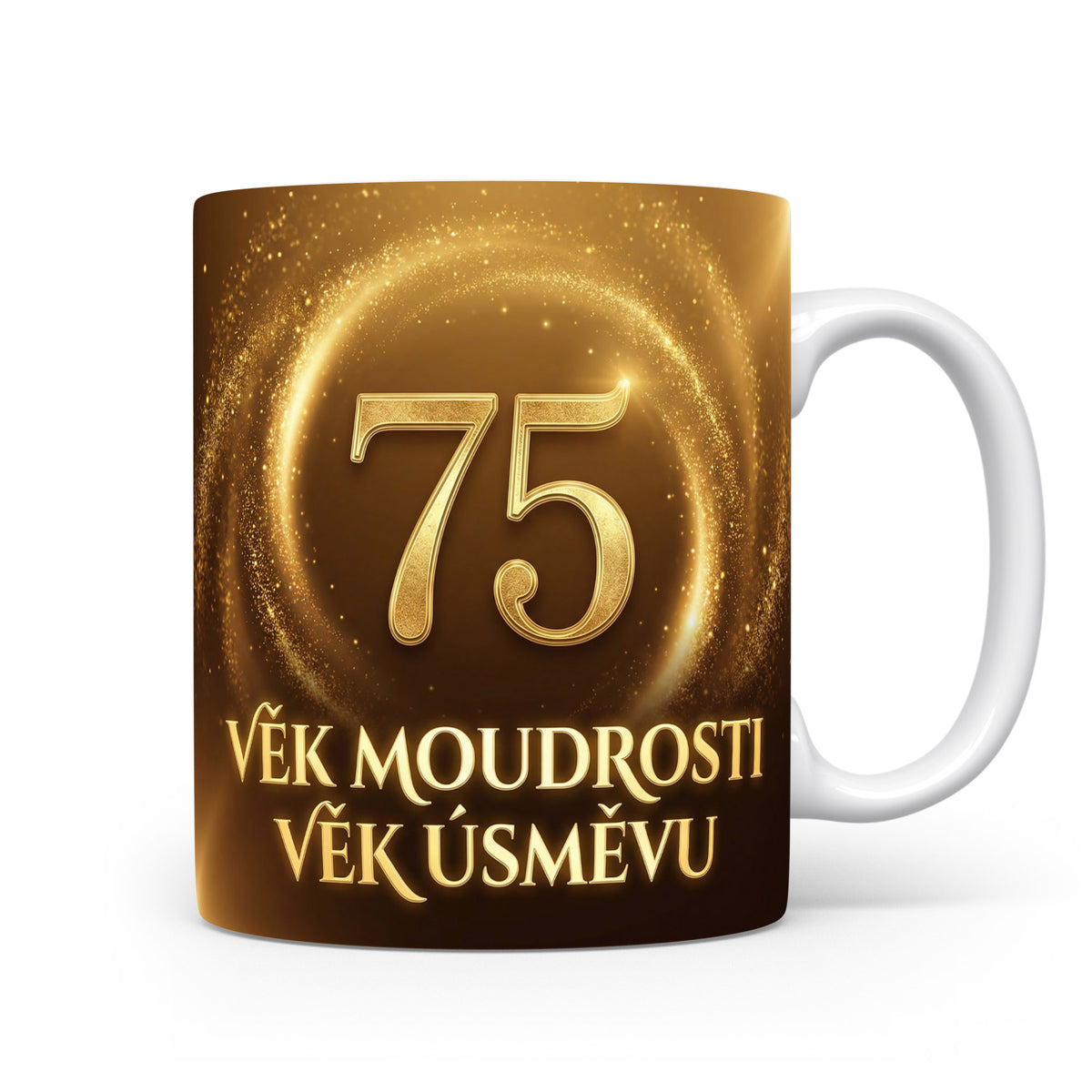Hnědý hrnek s číslem 75 a nápisem VĚK MOUDROSTI VĚK ÚSMĚVU