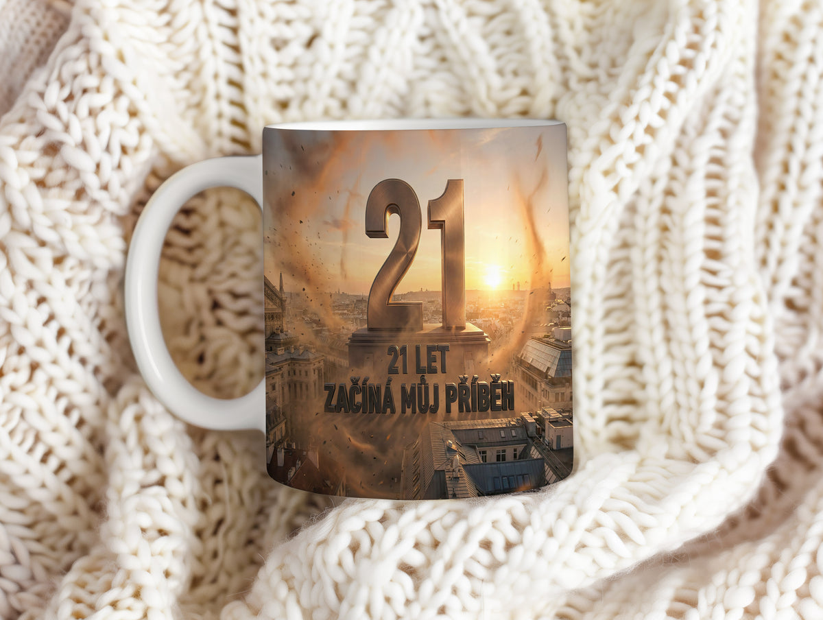 Narozeninový hrnek 21 let – 21 LET ZAČÍNÁ MŮJ PŘÍBĚH