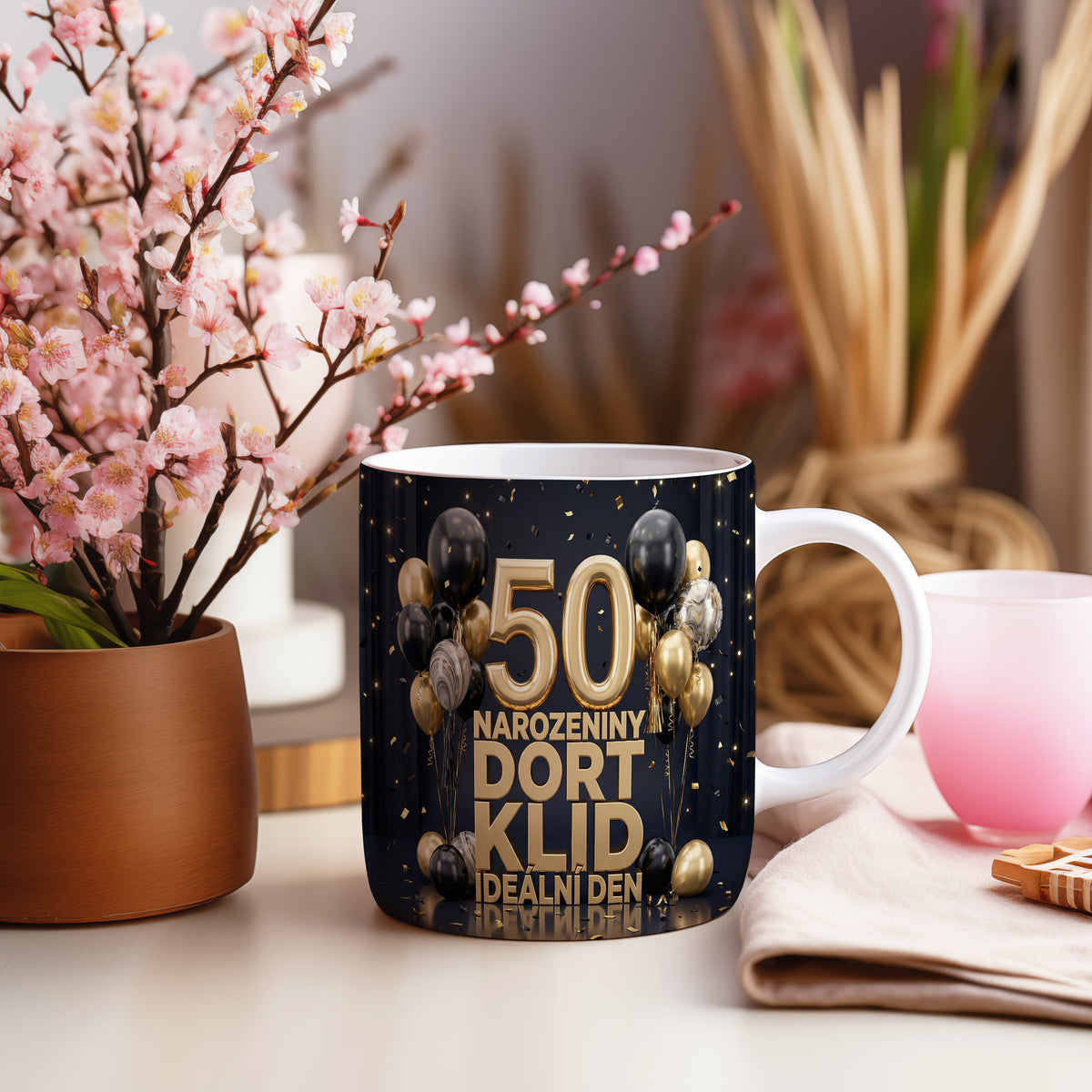Narozeninový hrnek 50 let – NAROZENINY DORT KLID IDEÁLNÍ DEN
