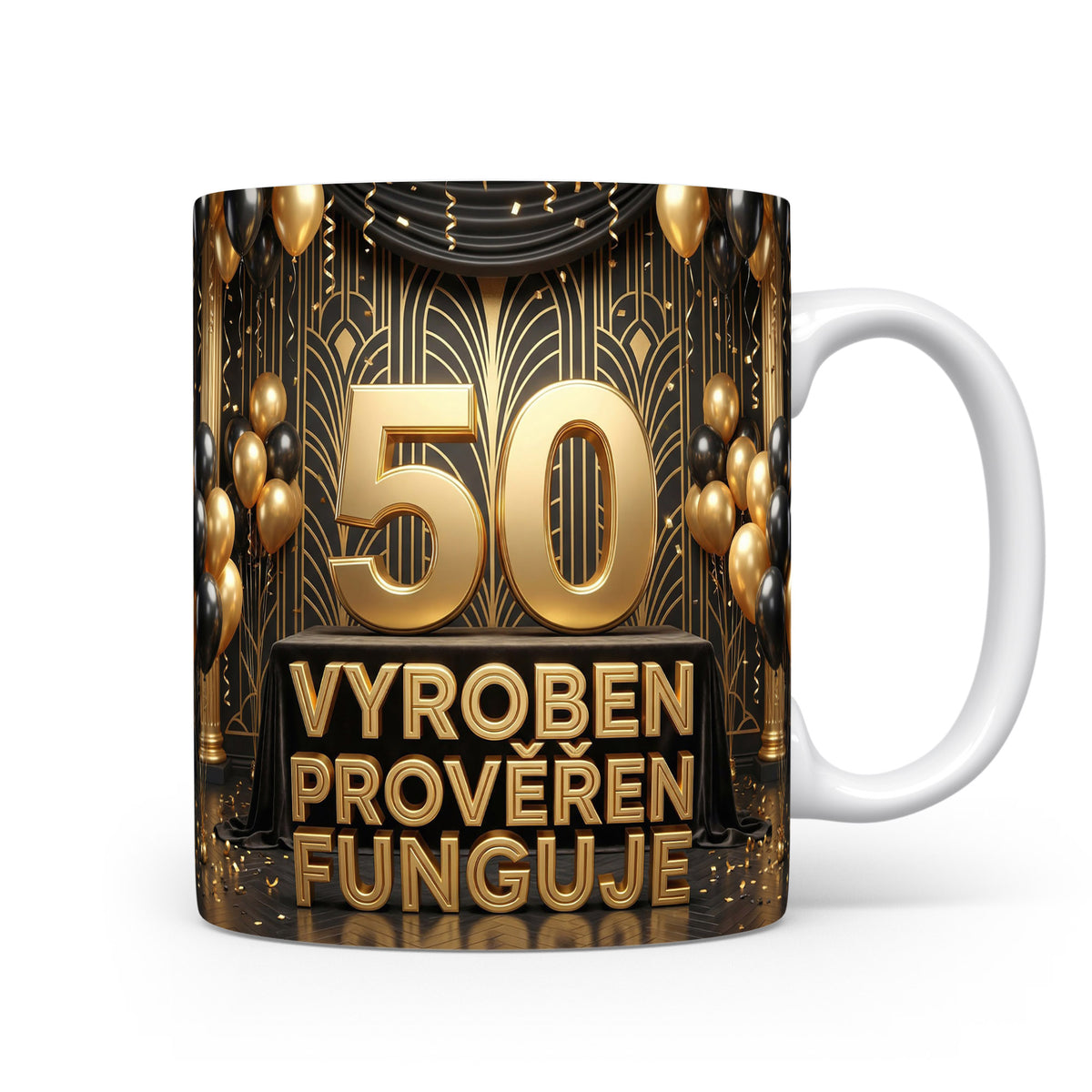 Hrnček s nápisem Vyroben Prověřen Funguje