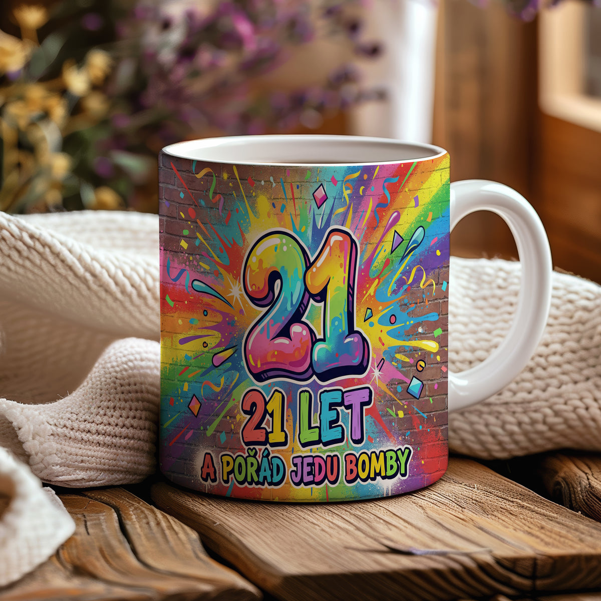 Narozeninový hrnek 21 let – 21 LET A POŘÁD JEDU BOMBY
