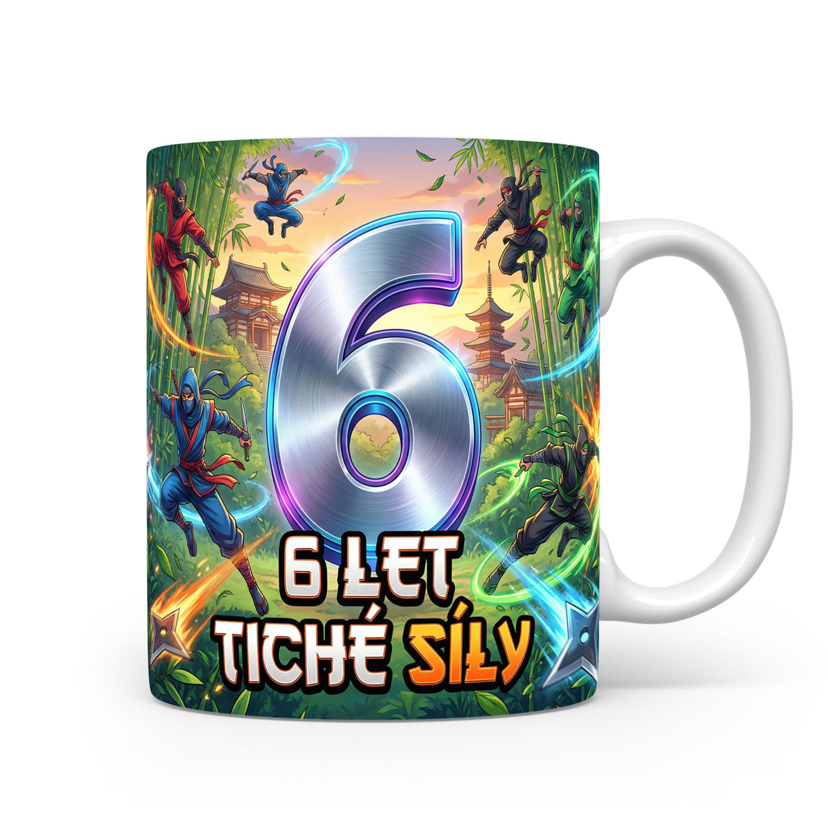 Hrnček s motivem ninja a textem 6 LET TICHÉ SÍLY