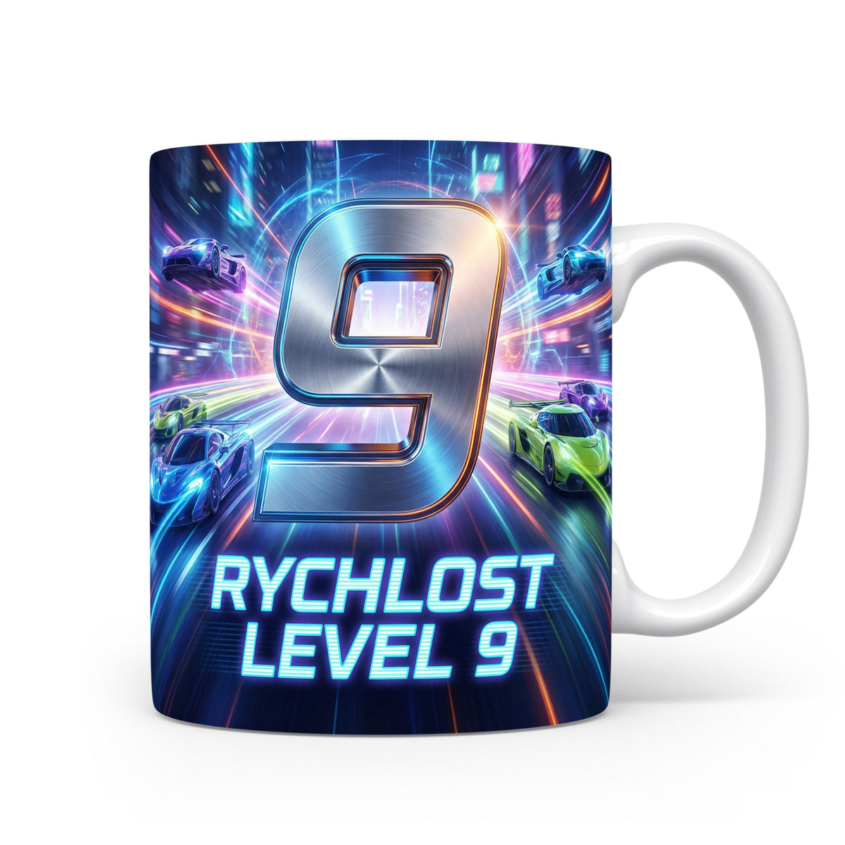 Hrnček s číslem 9 a motivem rychlosti