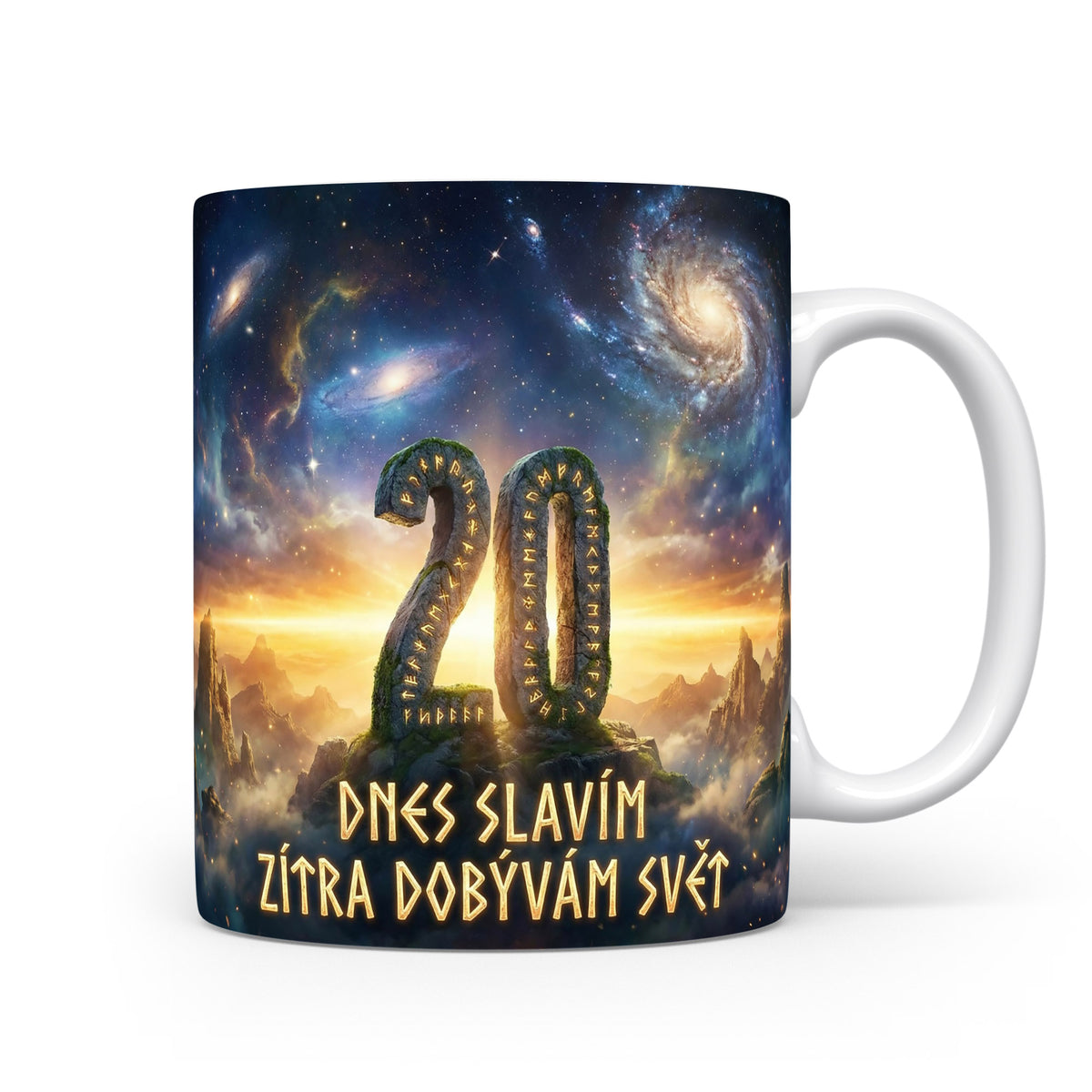 Hrnček s nápisem DNES SLAVÍM, ZÍTRA DOBÝVÁM SVĚT
