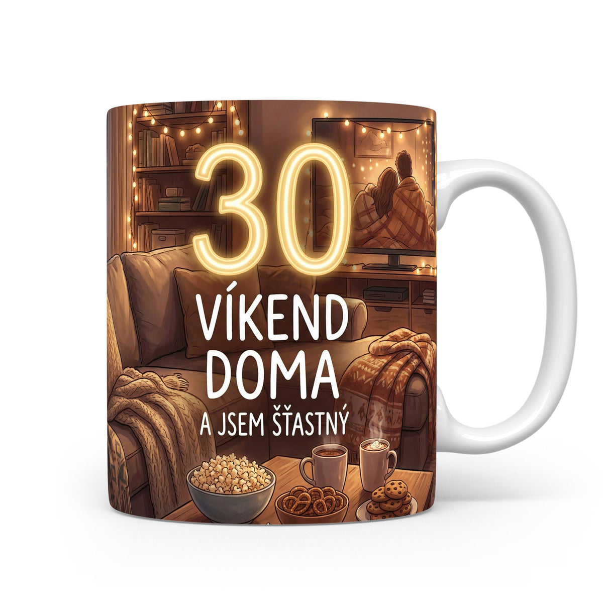 Hrnček s nápisem VÍKEND DOMA A JSEM ŠŤASTNÝ