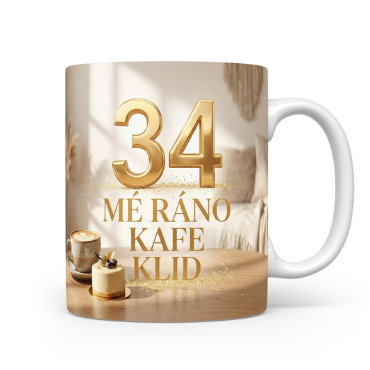 Narozeninový hrnek s číslem 34 a sloganem.