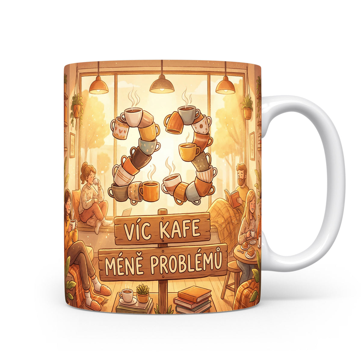 Narozeninový hrnek s číslem 25 a nápisem 'VÍC KAFE MÉNĚ PROBLÉMŮ'.