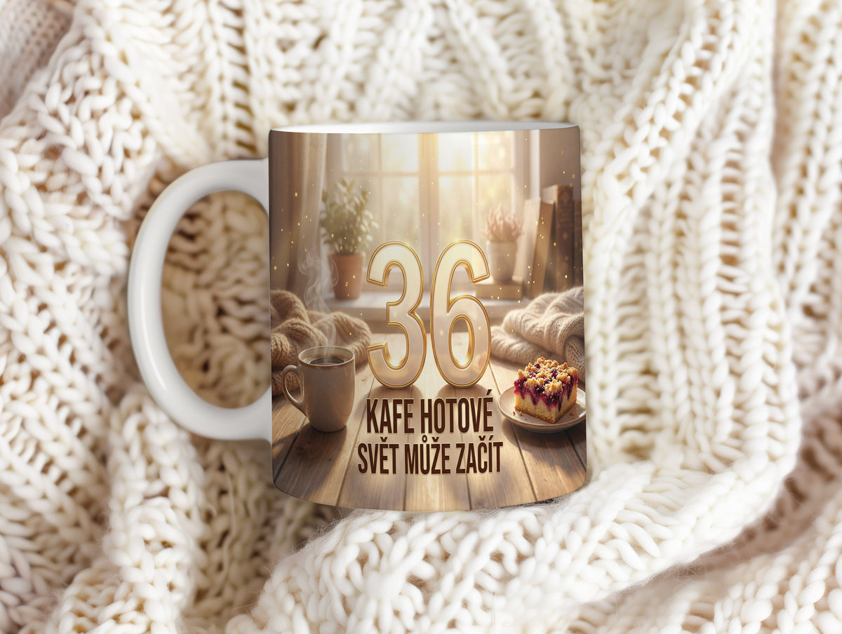 Narozeninový hrnek 36 let – KAFE HOTOVÉ SVĚT MŮŽE ZAČÍT