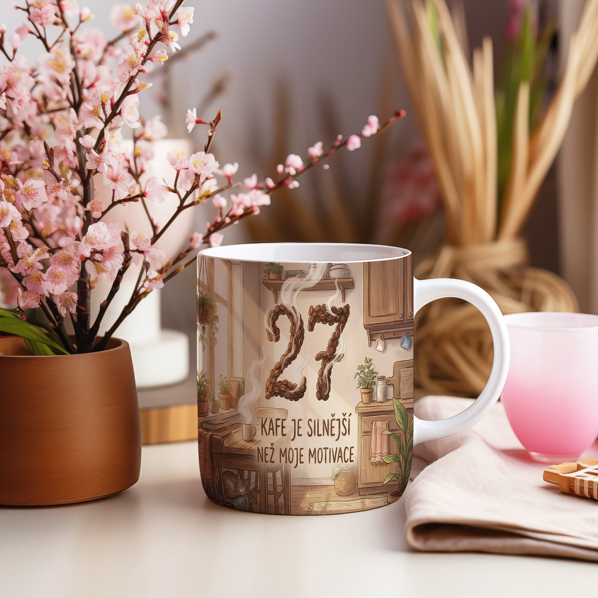 Narozeninový hrnek 27 let – KAFE JE SILNĚJŠÍ NEŽ MOJE MOTIVACE