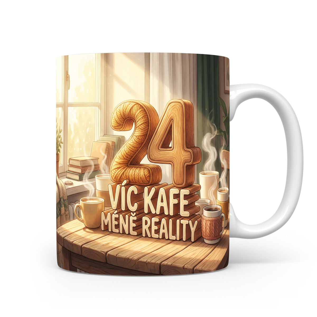 Narozeninový hrnek s číslem 24 a nápisem 'VÍC KAFE MÍNĚ REALITY'.