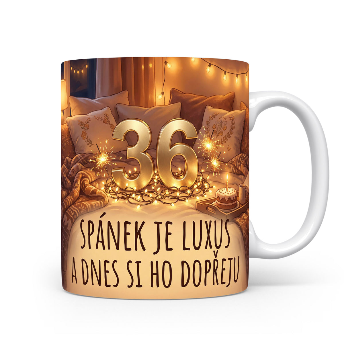 Narozeninový hrnek s číslem 36 a sloganem o spánku